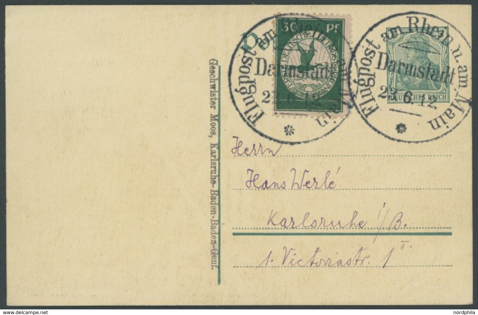 1912, 30 Pf. Flp. Am Rhein Und Main Auf 5 Pf. Ganzsachenkarte Mit Verkaufsstellen-L1 Geschwister Moos, Karlsruhe - Baden - Airmail & Zeppelin