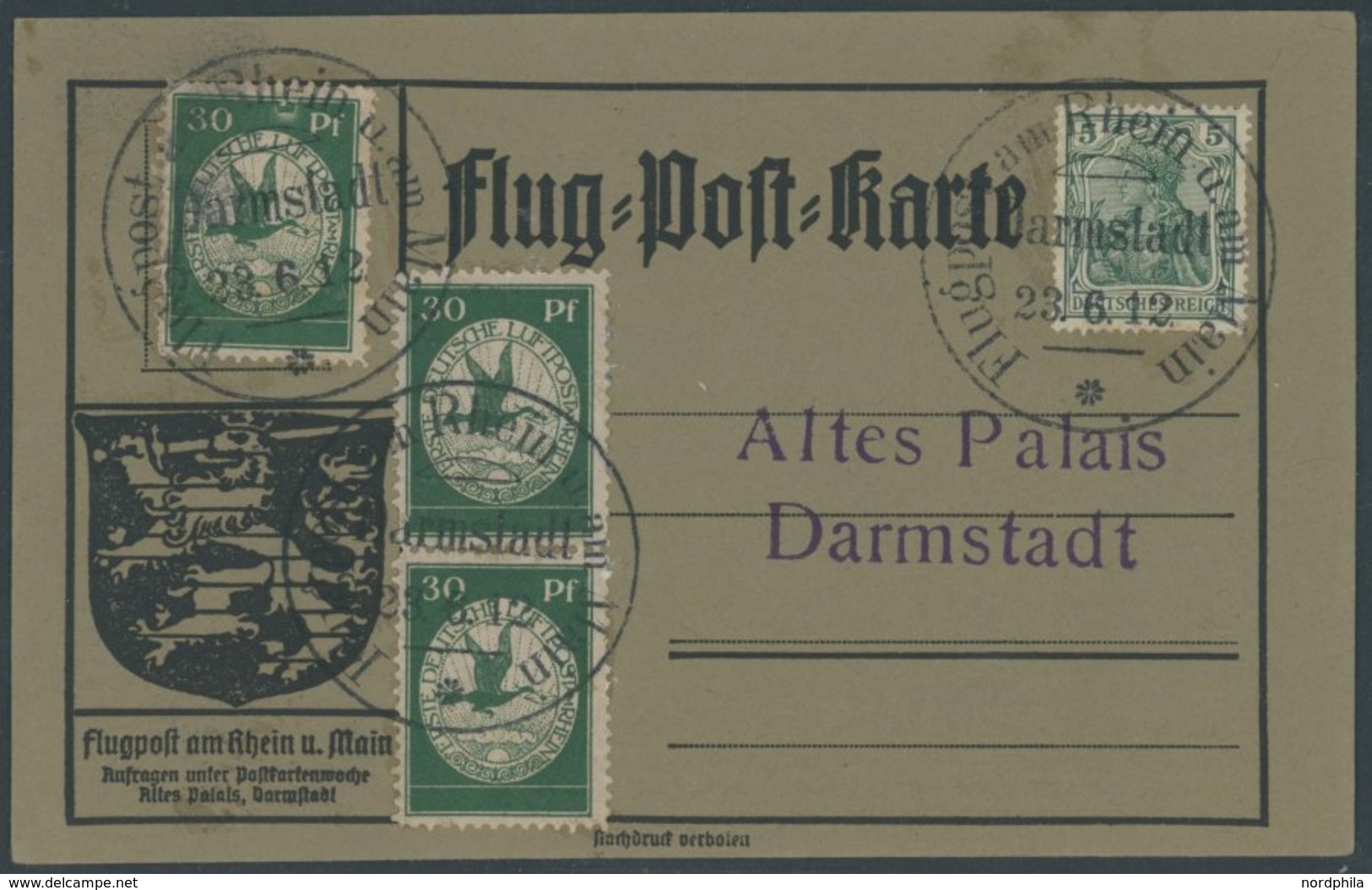 1912, 30 Pf. Flp. Am Rhein Und Main, 3x Auf Flugpostkarte, Dabei Plattenfehler Großer Mond, Mit 5 Pf. Zusatzfrankatur, S - Airmail & Zeppelin