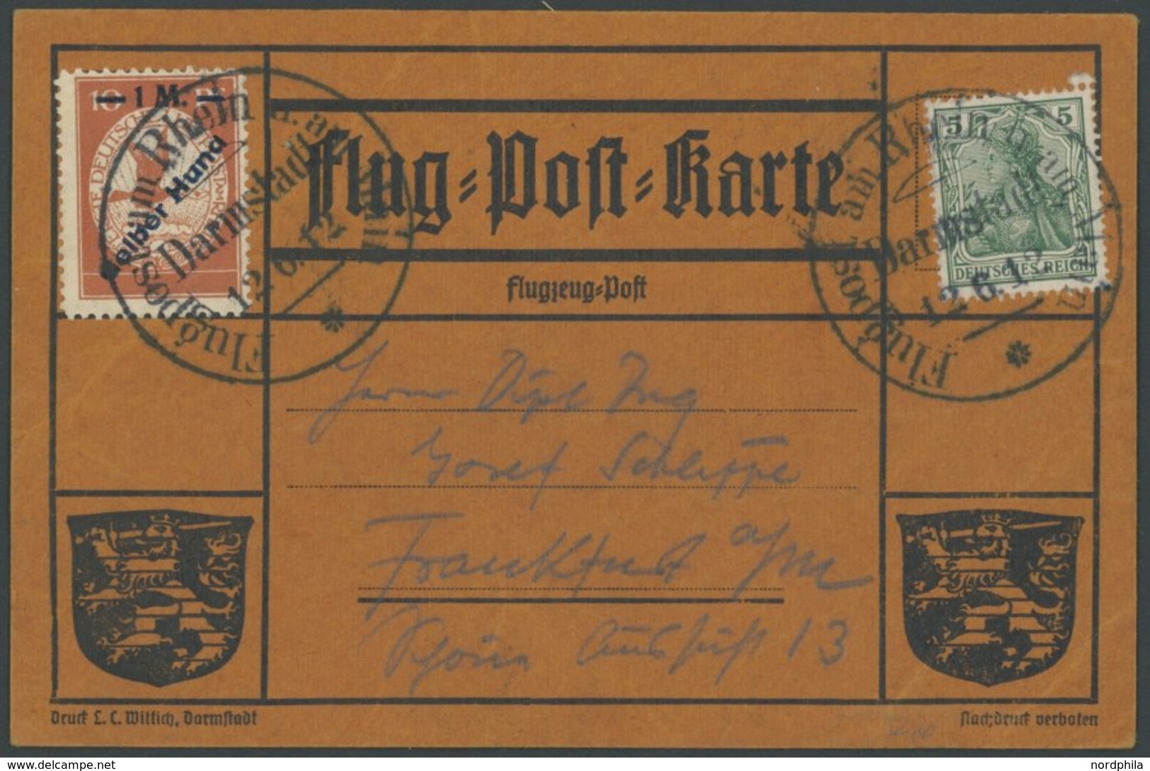 1912, 1 M. Gelber Hund (mit Huna-Ansatz) Auf Flugpostkarte Mit 5 Pf. Zusatzfrankatur, Sonderstempel Darmstadt 12.6.12, F - Airmail & Zeppelin