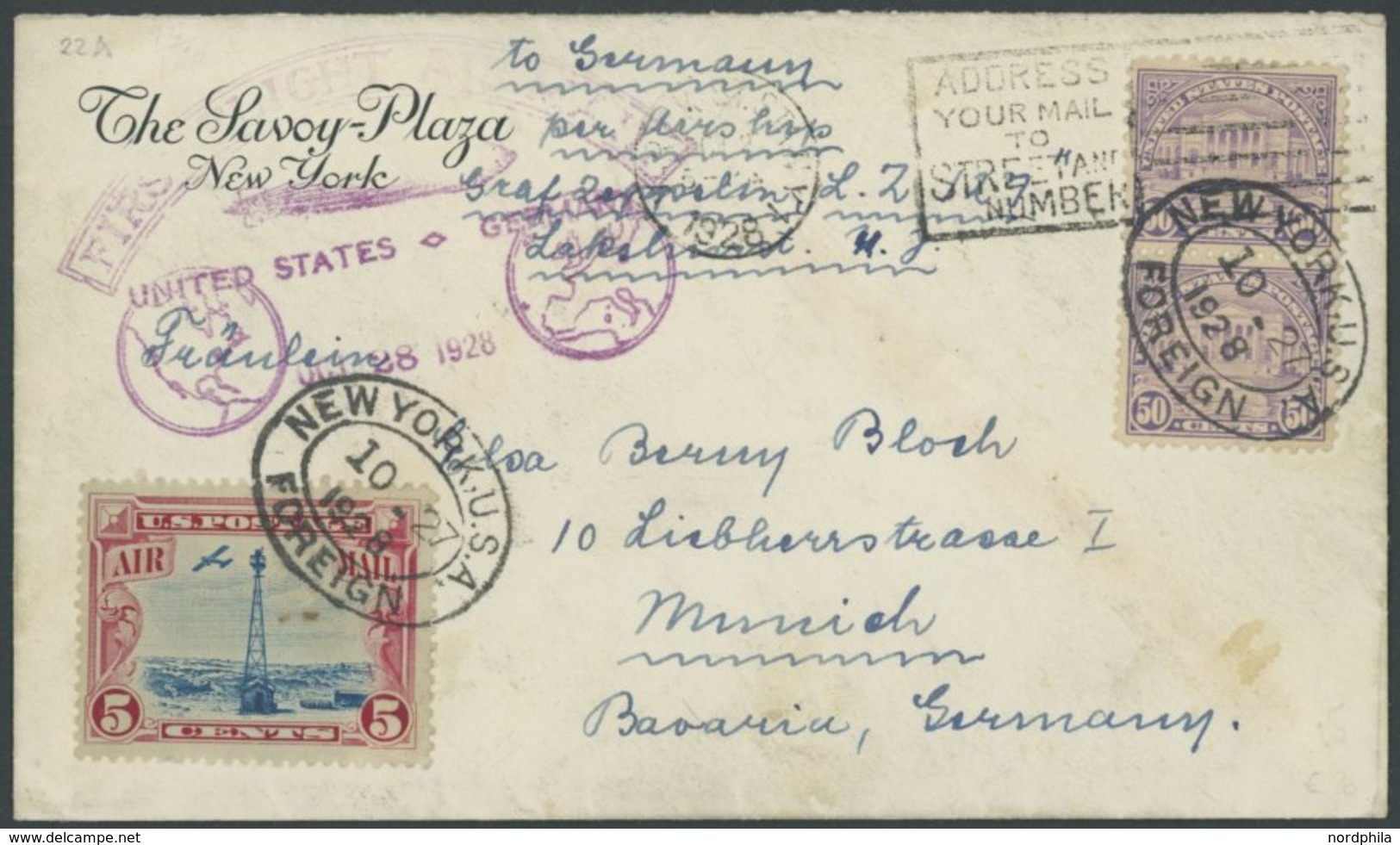 1928, Amerikafahrt, US-Post Zur Rückfahrt Mit Poststempel, Prachtbrief -> Automatically Generated Translation: 1928, "Am - Airmail & Zeppelin