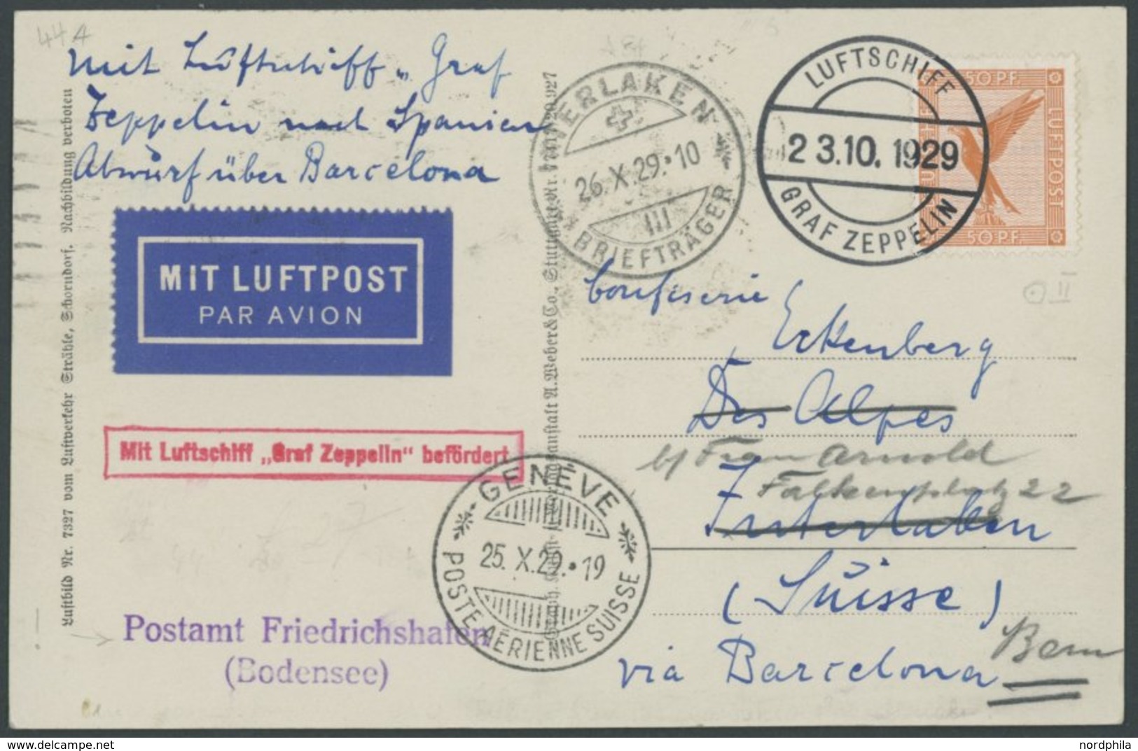 1929, Spanienfahrt, Auflieferung Postamt Friedrichshafen (violetter L2), Weltausstellungsfahrt Nach Barcelona, Bordpost  - Airmail & Zeppelin