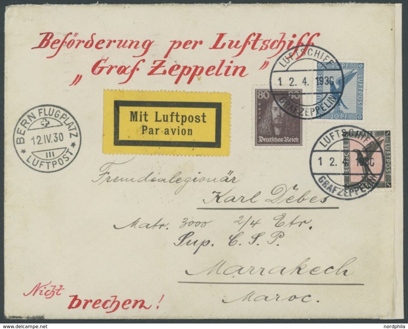 1930, Schweizfahrt, Friedrichshafen-Bern, An Fremdenlegionärsadresse In Marrakesch/Marokko, Prachtbrief, RR! -> Automati - Airmail & Zeppelin