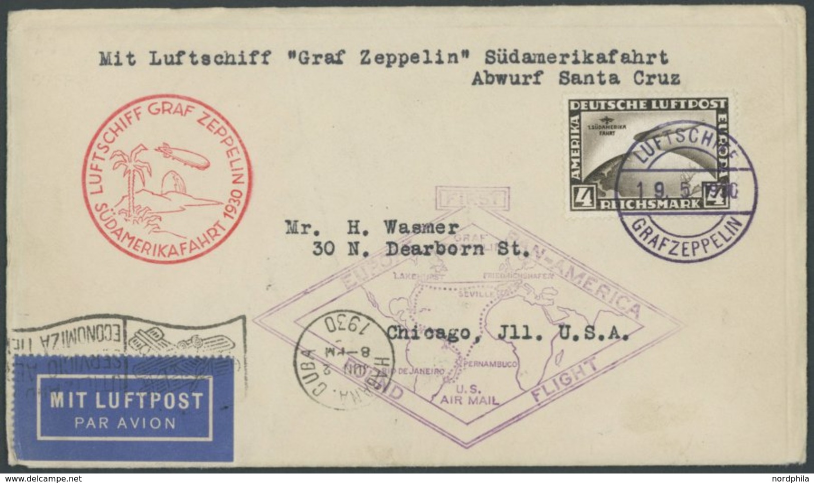1930, Südamerikafahrt, Friedrichshafen-Praia, Versehentlich über Cuba Befördert, Weiterleitung Nach Chicago, Mit US-Sond - Airmail & Zeppelin
