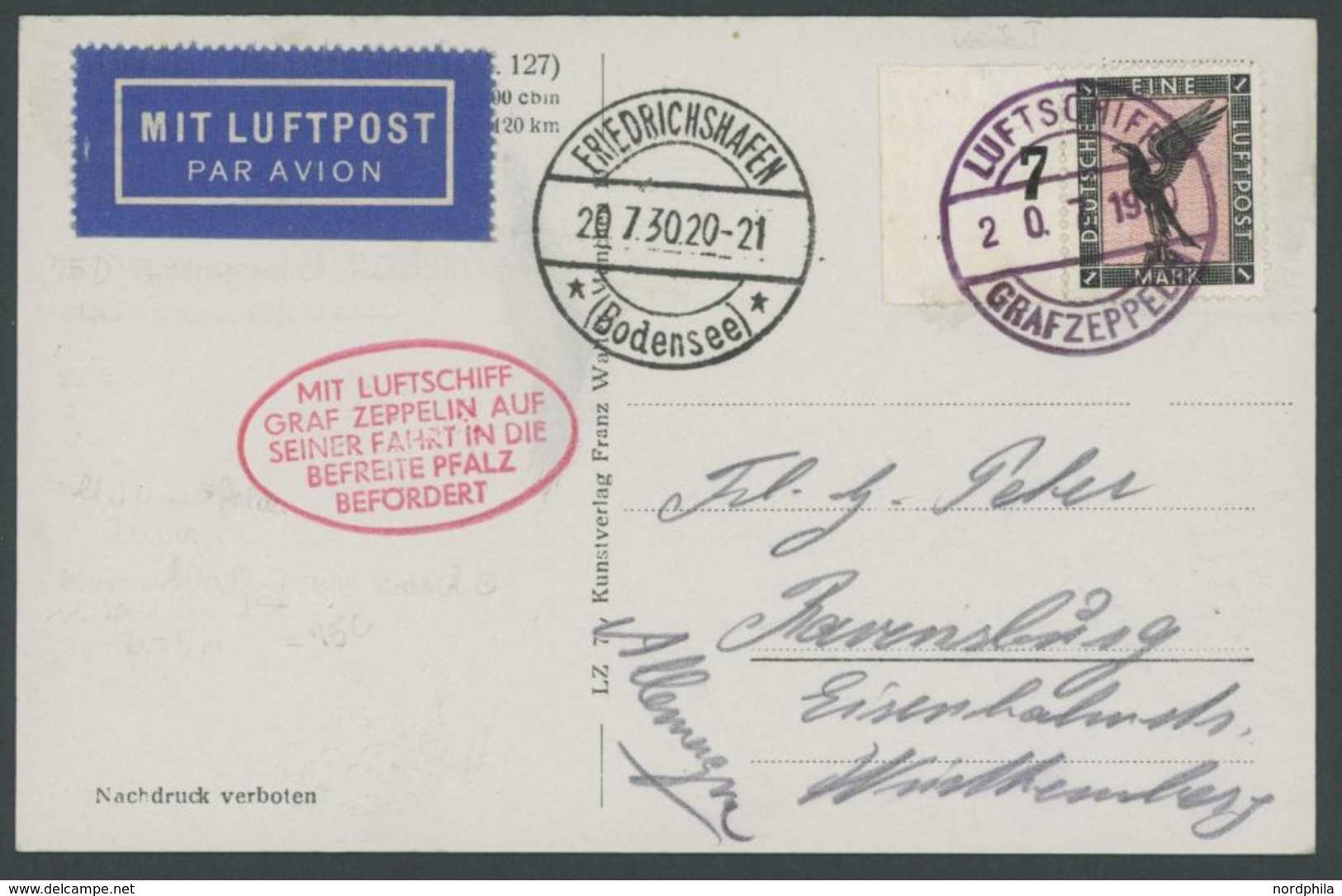 ZEPPELINPOST 75D BRIEF, 1930, Pfalzfahrt, Bordpost Der Rückfahrt, Prachtkarte, Sieger Unbekannt! - Airmail & Zeppelin