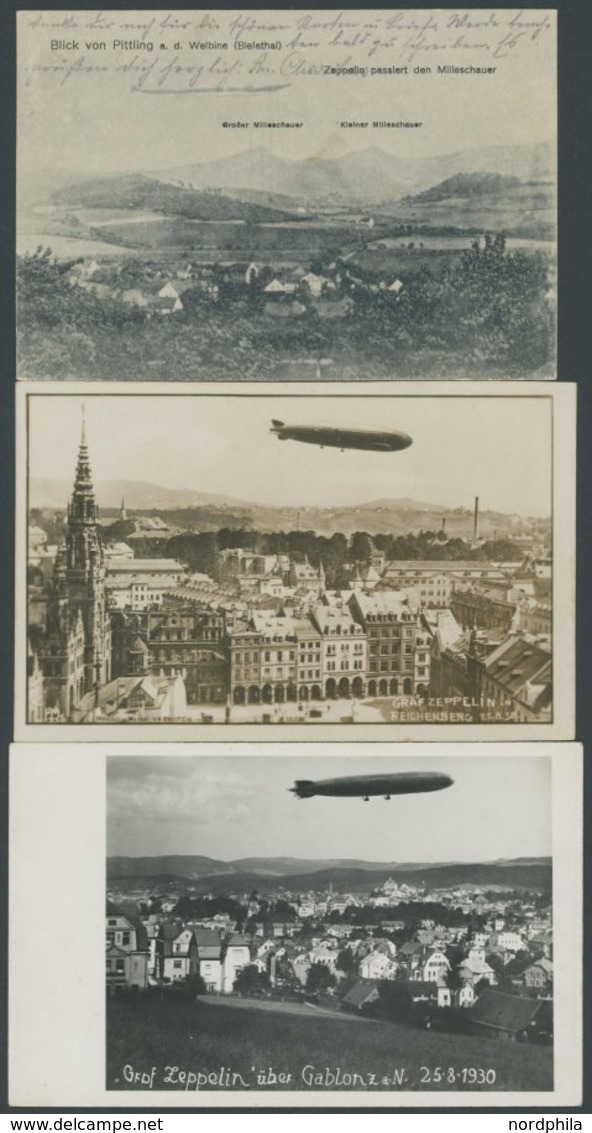 1930, Ostpreußen-Rückfahrt über Dem Sudetenland: 2 Fotokarten Zeppelin über Gablonz Bzw. Reichenberg, Dazu Ansichtskarte - Airmail & Zeppelin