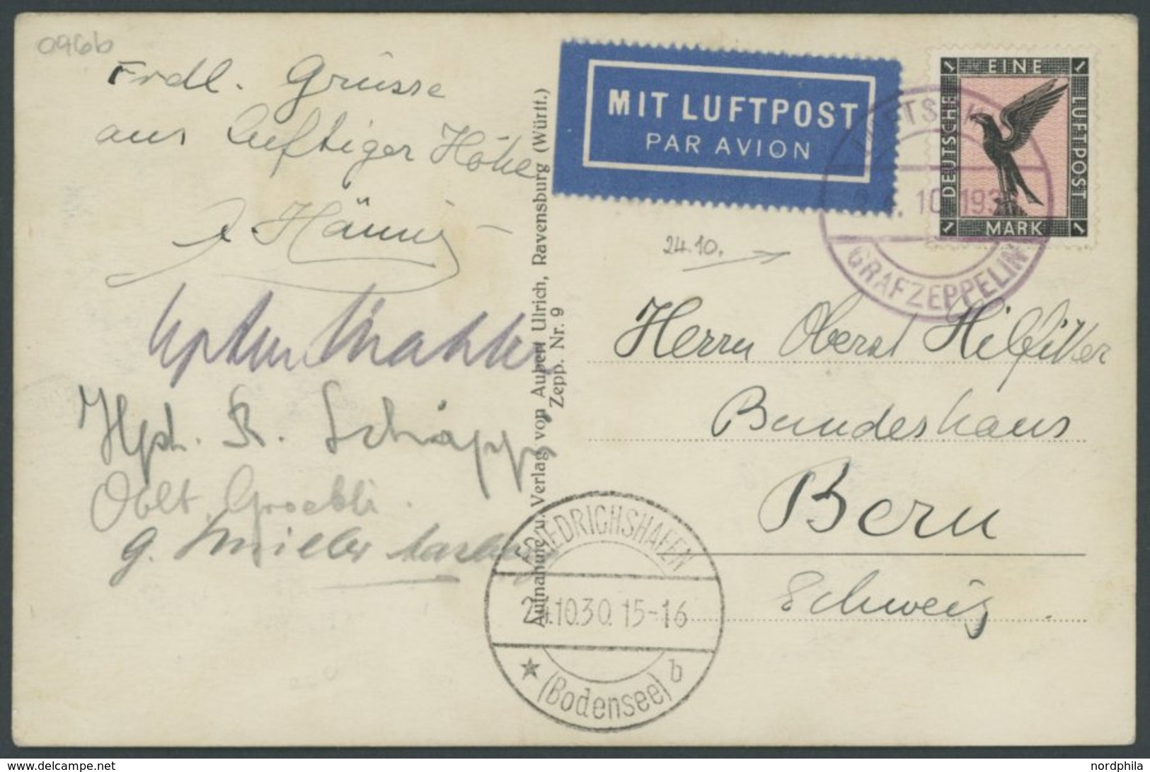 1930, Kurzfahrt In Die Schweiz, Bordpost Und Ankunftsstempel Friedrichshafen, Mit 5 Unterschriften An Einen Oberst Im Bu - Airmail & Zeppelin