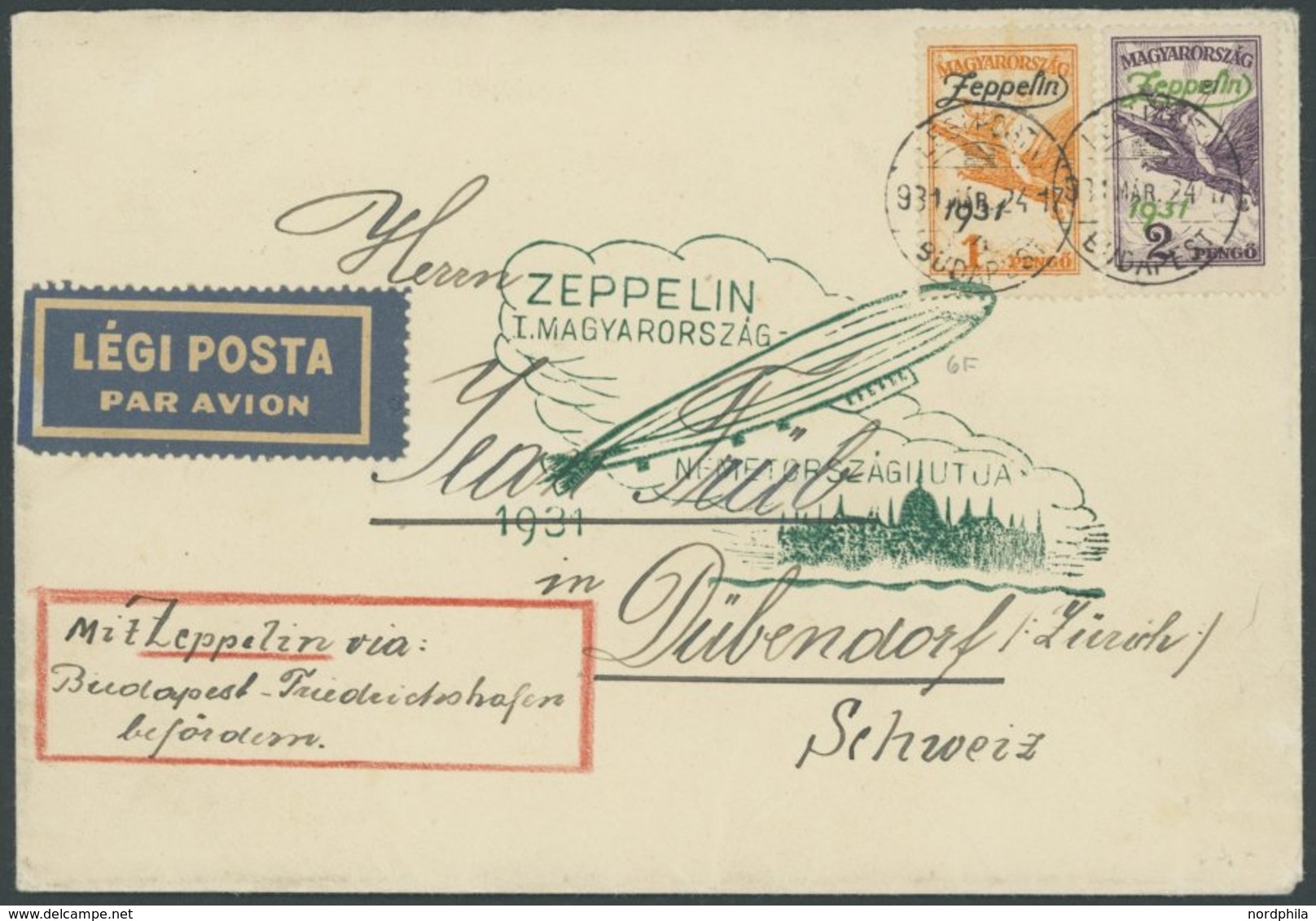 1931, Ungarnfahrt, Ungarische Post, Budapest-Friedrichshafen, Mit Beiden Zeppelinmarken In Die Schweiz, Sonderbestätigun - Airmail & Zeppelin