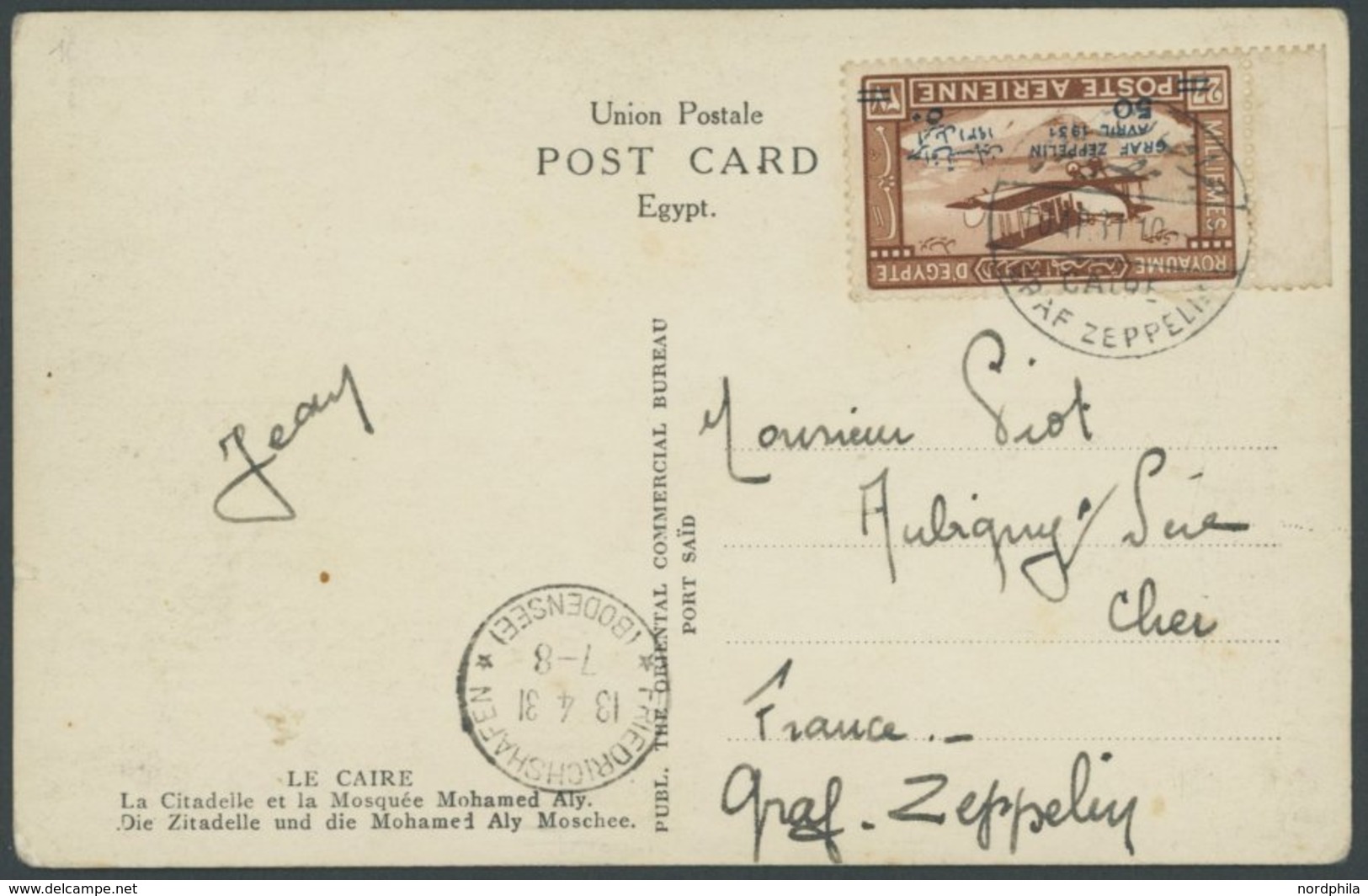 ZEPPELINPOST 105Ax BRIEF, 1931, Ägyptenfahrt, ägyptische Post, Postsonderstempel Kairo, Sondermarke Zu 50 Mm. Mit Platte - Airmail & Zeppelin