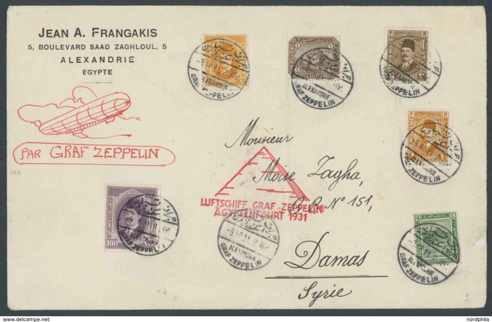 1931, Ägyptenfahrt, ägyptische Post, Palästina-Rundfahrt, Sonderstempel Alexandria, Frankiert Mit 6 Verschiedenen ägypti - Airmail & Zeppelin