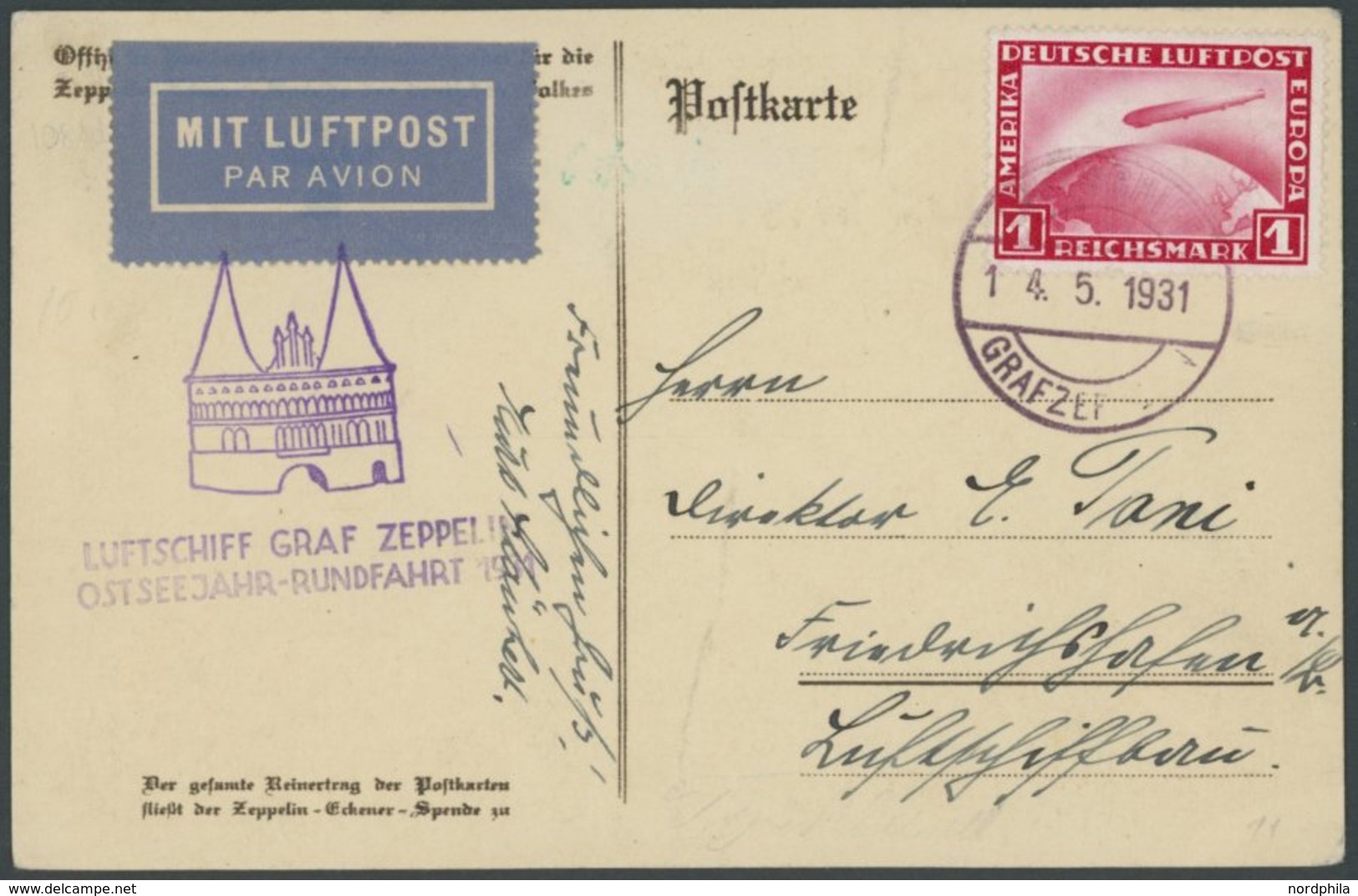 1931, Ostseejahr-Rundfahrt, Bordpost Rückfahrt, Abwurf Lübeck, Frankiert Mit 1 RM, Besatzungs-Grußkarte An Den Luftschif - Poste Aérienne & Zeppelin
