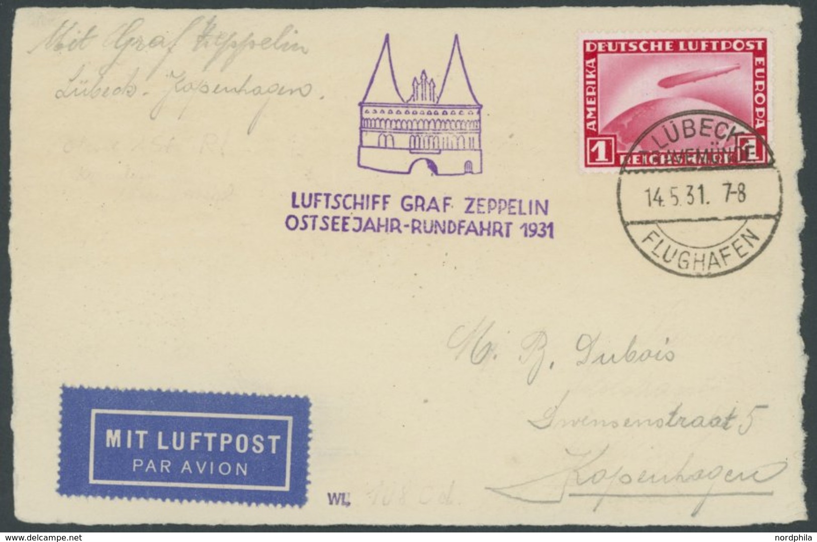 1931, Ostseejahr-Rundfahrt, Auflieferung Lübeck, Abwurf Kopenhagen, Frankiert Mit 1 RM, Prachtkarte -> Automatically Gen - Airmail & Zeppelin