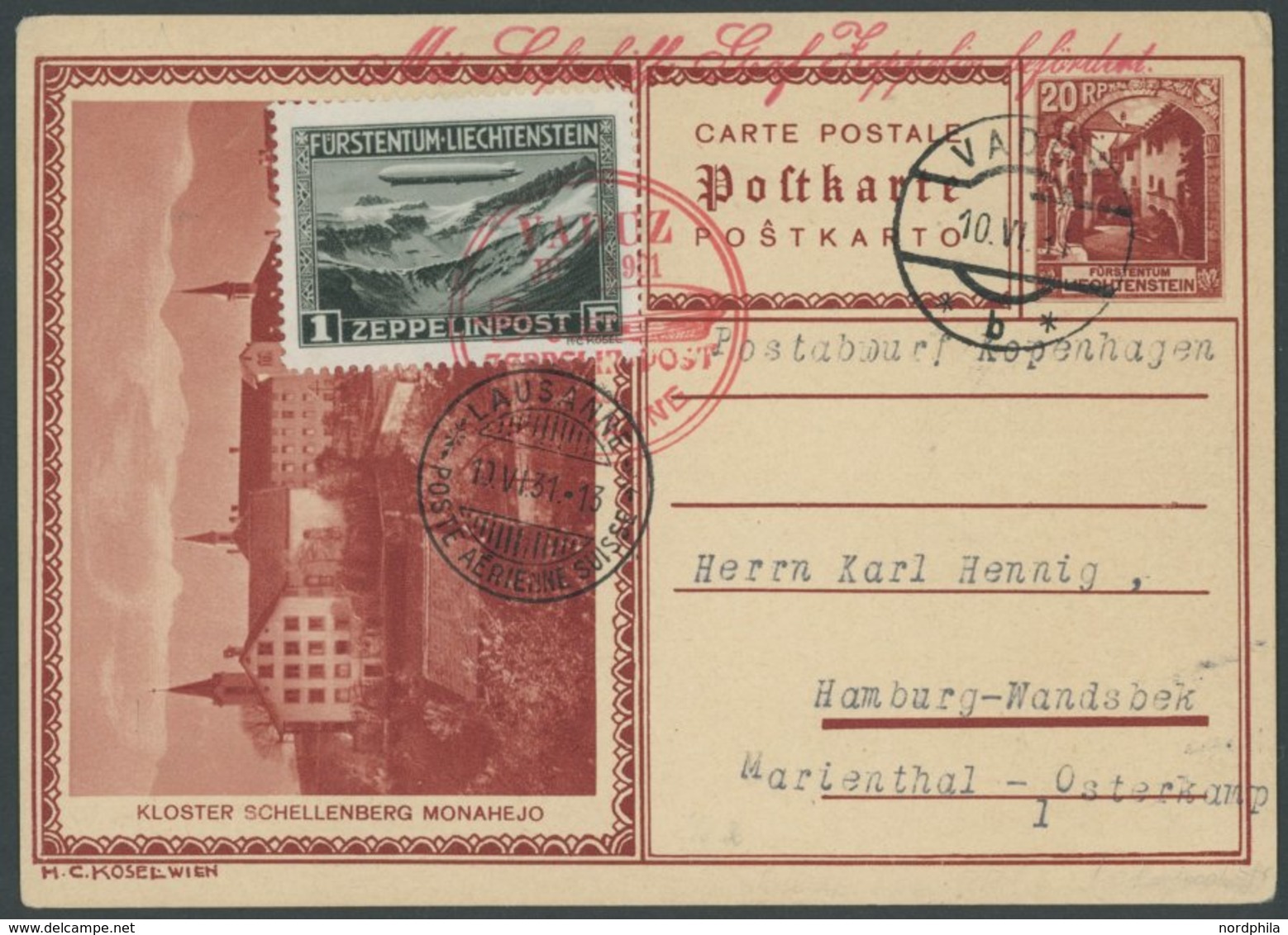 1931, Fahrt Nach Vaduz, Frankiert Mit Sondermarke 1 Fr. Auf 20 Rp. Ganzsachen-Bildpostkarte, Pracht, Sieger Und LBK Unbe - Poste Aérienne & Zeppelin