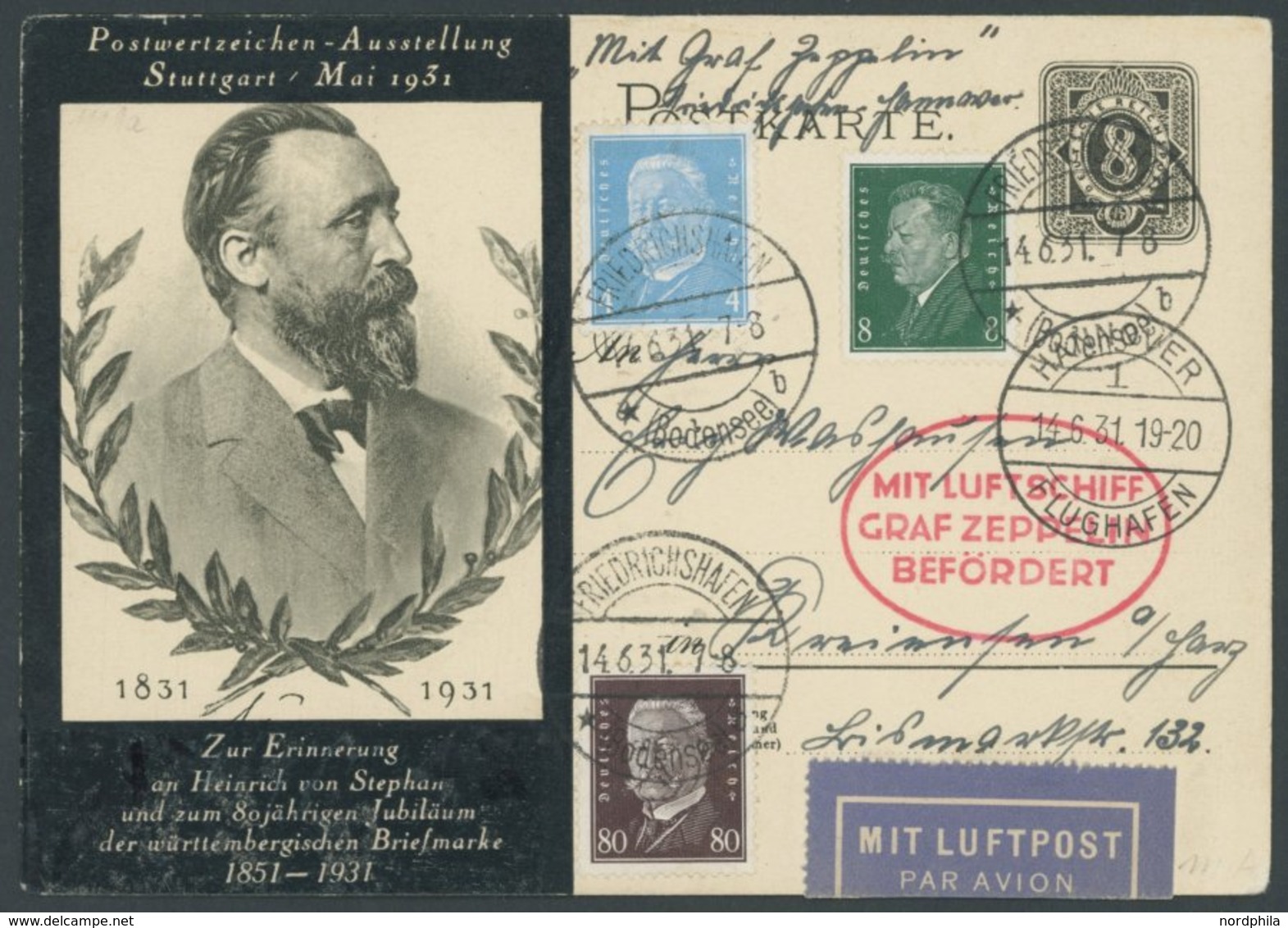 1931, Fahrt Nach Hannover, Auflieferung Friedrichshafen, 8 Pf. Stephan Sonder-Ganzsachenkarte (P 211) Mit Zusatzfrankatu - Airmail & Zeppelin