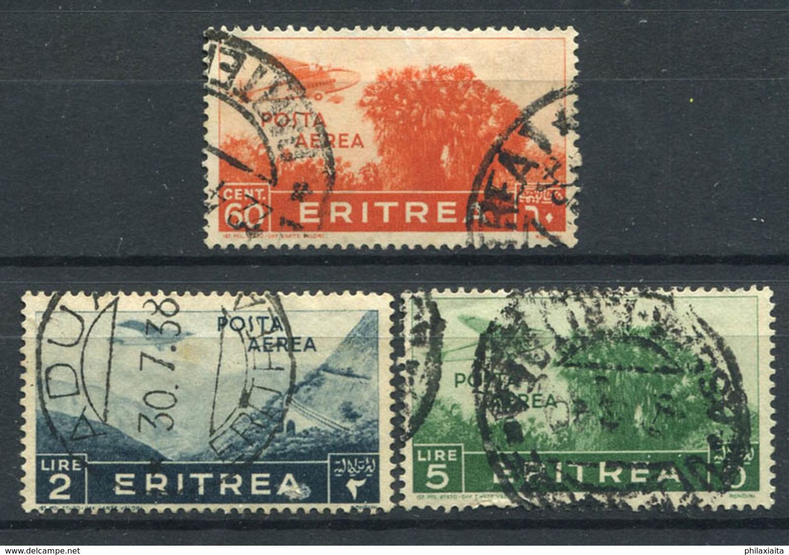 Eritrea 1936 Sass. 19,23,25 Usato 40% Posta Aerea 60C., 1L., 5L. - Eritrea