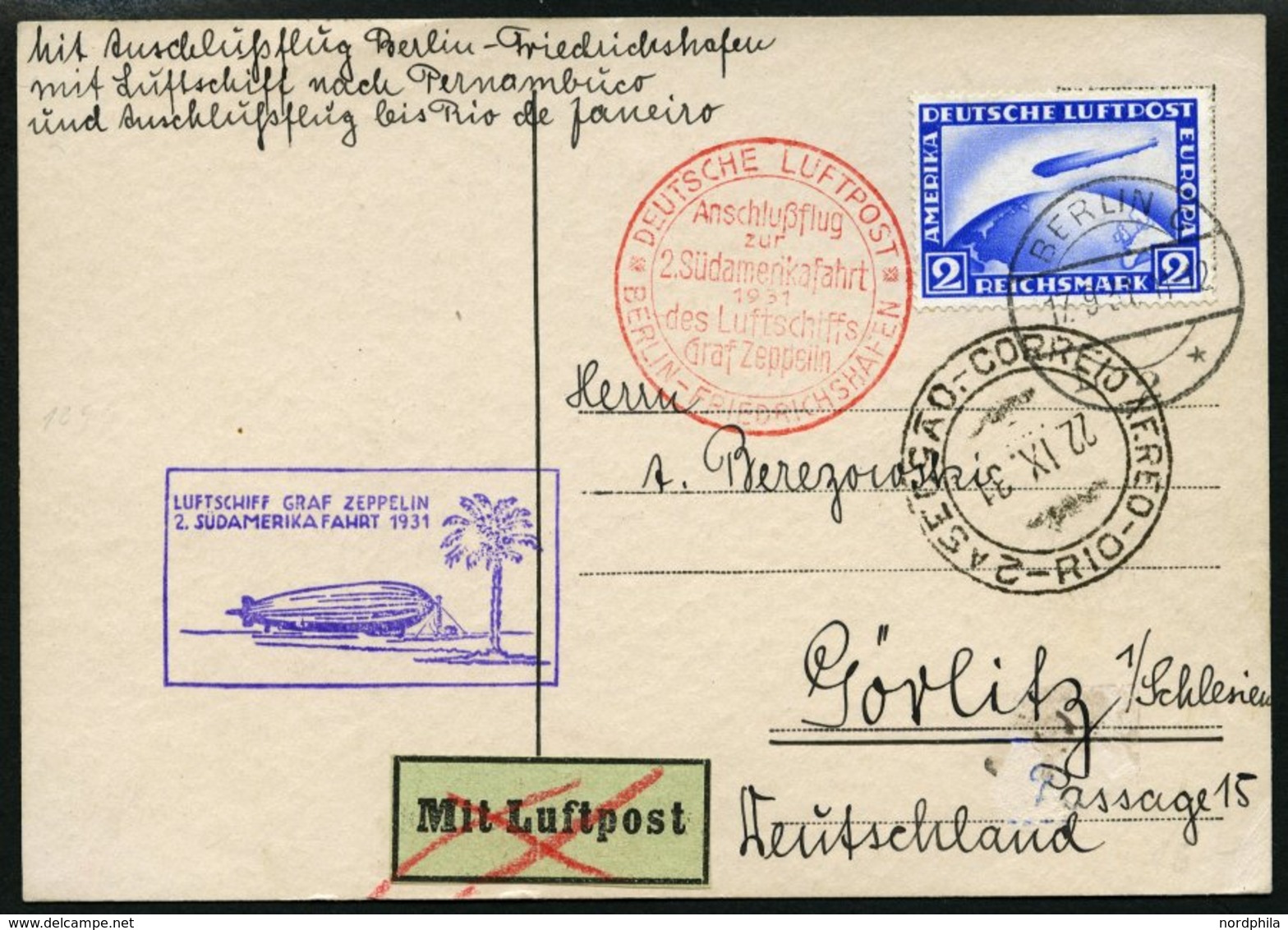 ZEPPELINPOST 129Eb BRIEF, 1931, 2. Südamerikafahrt, Anschlußflug Ab Berlin Bis Brasilien, Prachtkarte - Airmail & Zeppelin