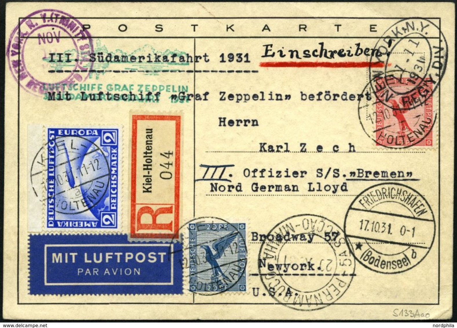 ZEPPELINPOST 133Aao BRIEF, 1931, 3. Südamerikafahrt, Auflieferung Fr`hafen, Auf Einschreib-Bedarfskarte Von KIEL-HOLTENA - Airmail & Zeppelin