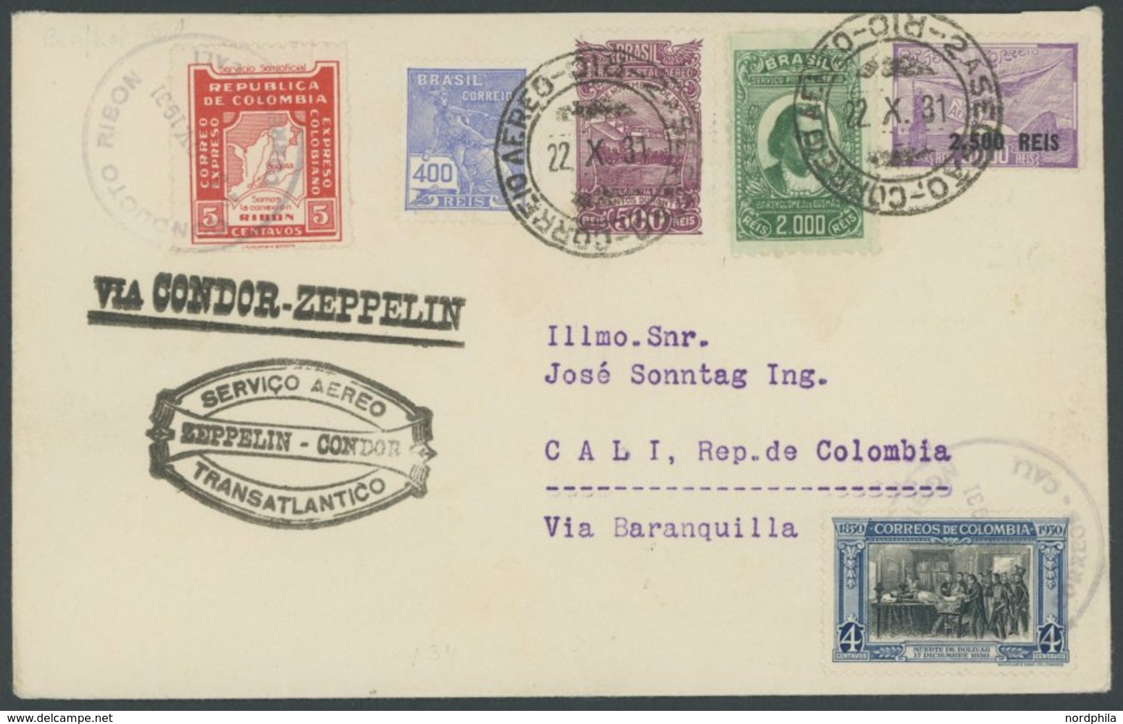 1931, 3. Südamerikafahrt, Brasil-Post, Mit Kolumbianischer Zusatzfrankatur, Prachtkarte Nach Kolumbien -> Automatically  - Airmail & Zeppelin