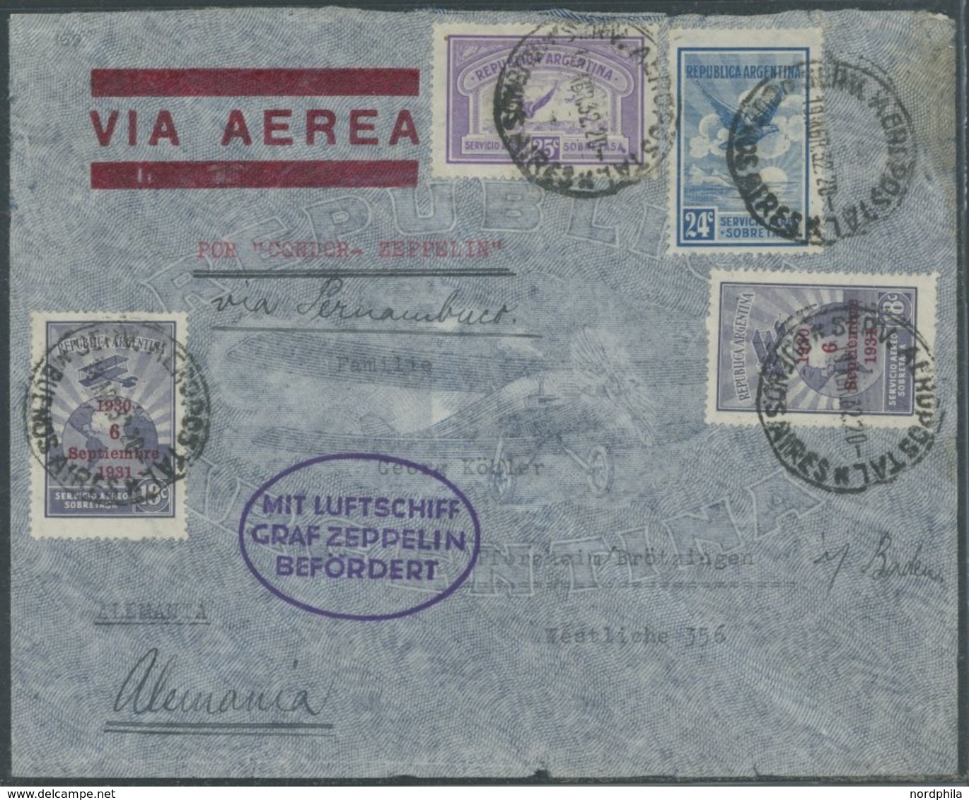 1932, 3. Südamerikafahrt, Argent. Post, Mit Ovalem Bestätigungsstempel, Bedarfsmängel, Gepr. Assinger -> Automatically G - Airmail & Zeppelin