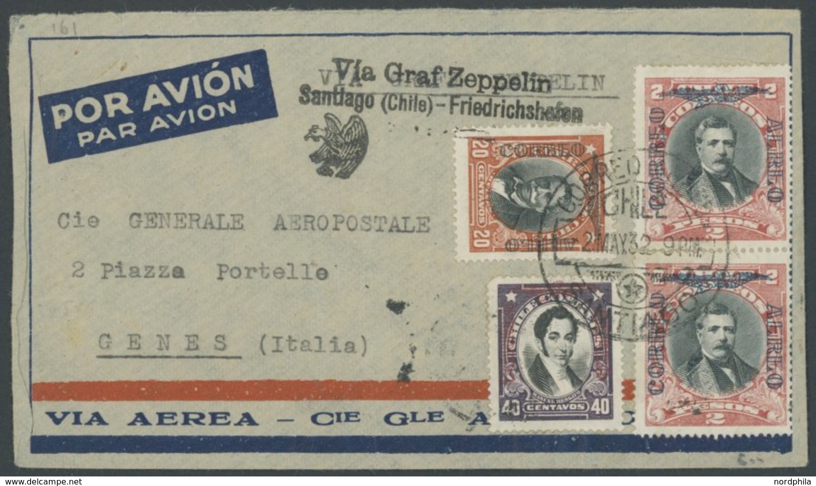 1932, 3. Südamerikafahrt, Chilenische Post, Bedarfsbrief Mit Buntfrankatur (vorder- Und Rückseitig) Nach Italien, Feinst - Airmail & Zeppelin