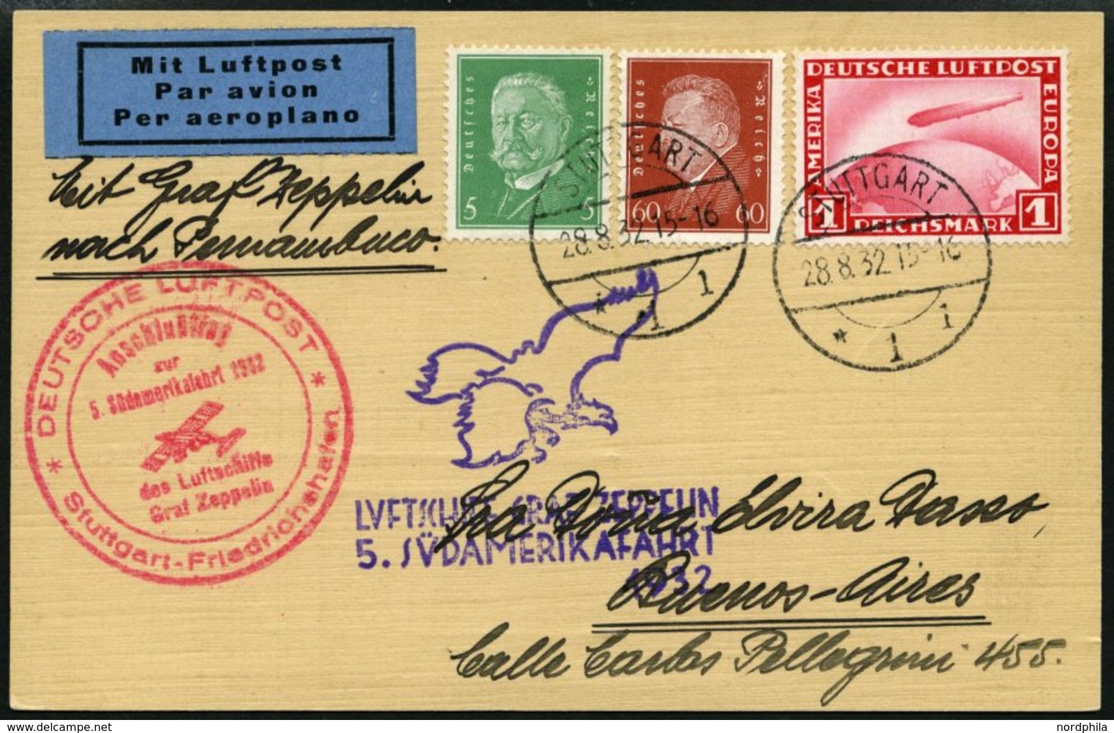 ZEPPELINPOST 171C BRIEF, 1932, 5. Südamerikafahrt, Anschlußflug Ab Stuttgart, Prachtkarte - Airmail & Zeppelin