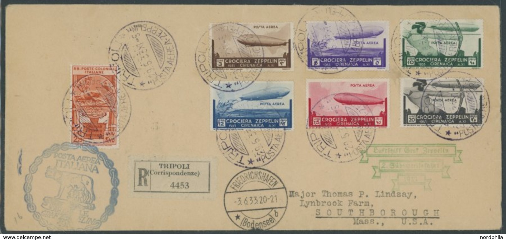 1933, Italienfahrt, Cyrenaica Post Mit Komplettem Satz, Einschreiben Ab Tripoli, Transit Rom 30.5. Sowie Friedrichshafen - Airmail & Zeppelin