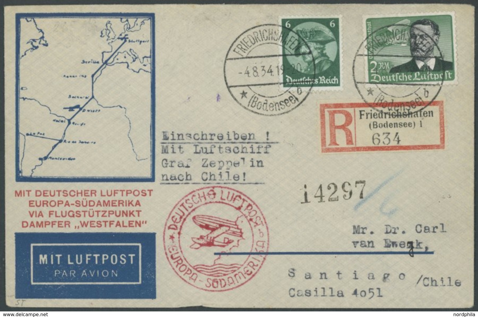 1934, 5. Südamerikafahrt, Auflieferung Friedrichshafen, Stempel B, Frankiert U.a. Mit Mi.Nr. 538x, Einschreibbrief, Prac - Airmail & Zeppelin