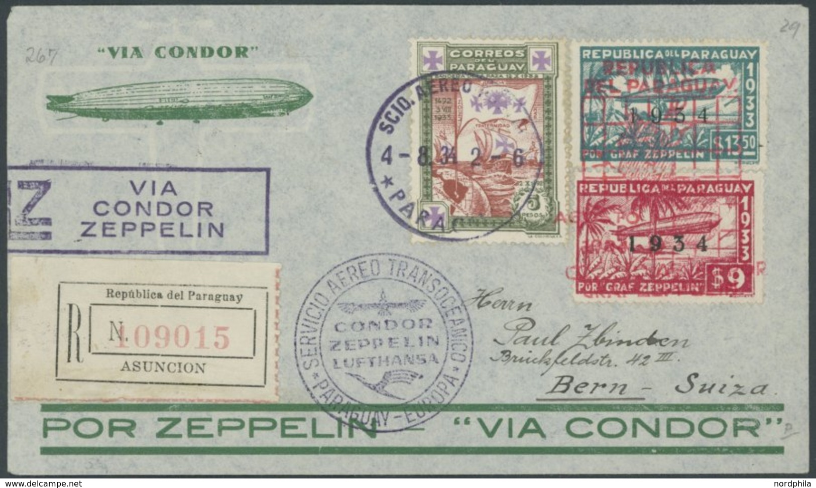 1934, 5. Südamerikafahrt, Parag. Post, Einschreibbrief, Pracht -> Automatically Generated Translation: 1934, "5. South A - Airmail & Zeppelin