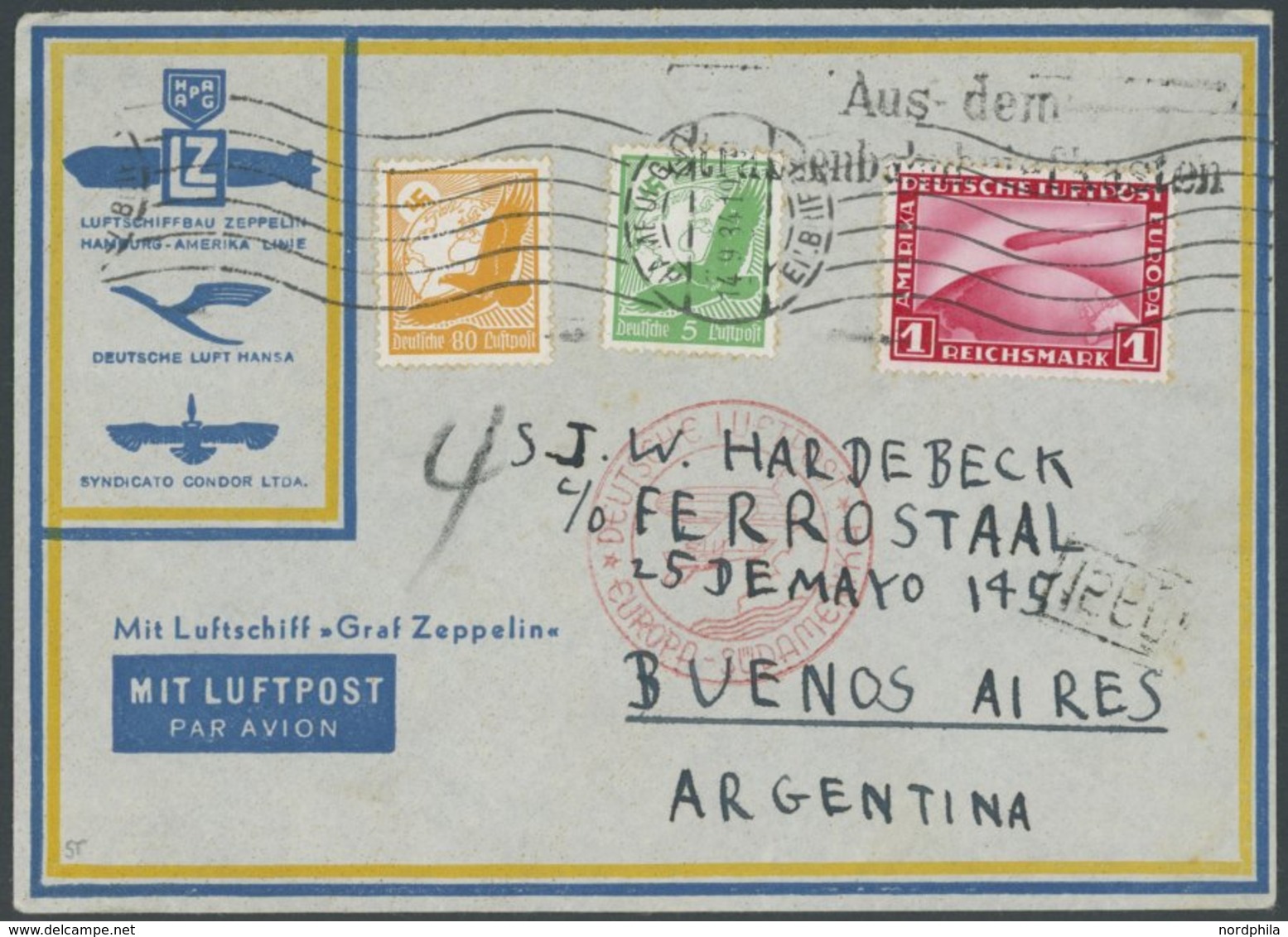 1934, 7. Südamerikafahrt, Anschlußflug Ab Stuttgart, Mit L2 Aus Dem Straßenbahnbriefkasten, Eilbrief, Pracht -> Automati - Airmail & Zeppelin