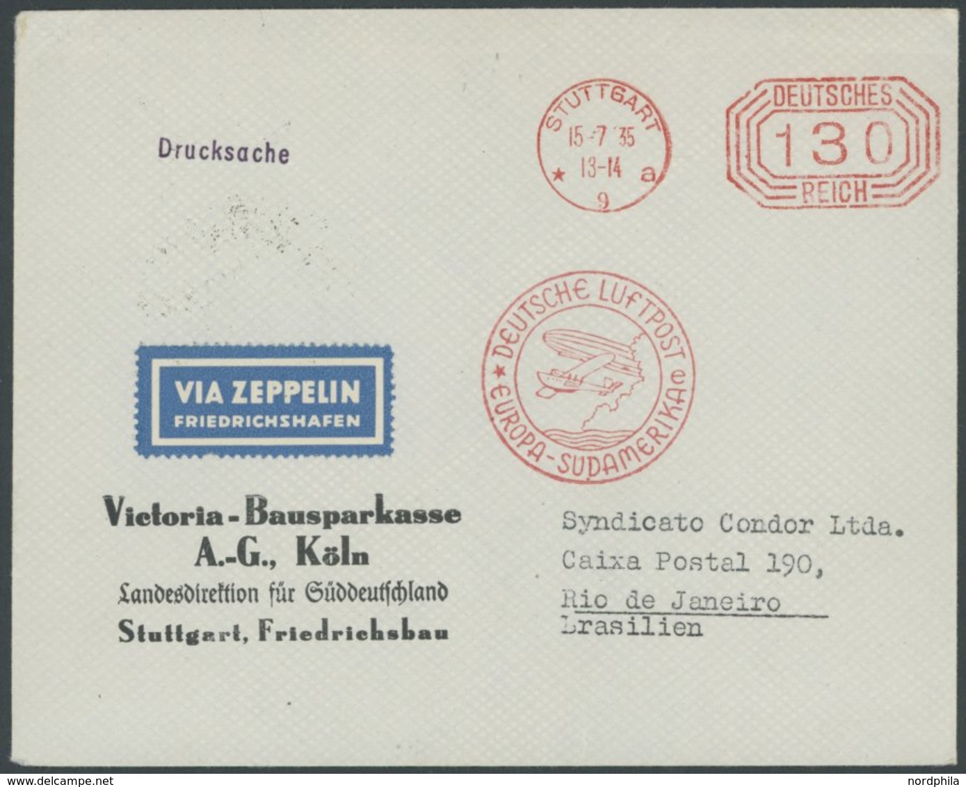 1935, 8. Südamerikafahrt, Drucksache, Stempel B, Firmenbrief Der Victoria-Bausparkasse Mit Maschinenstempel, Pracht -> A - Airmail & Zeppelin