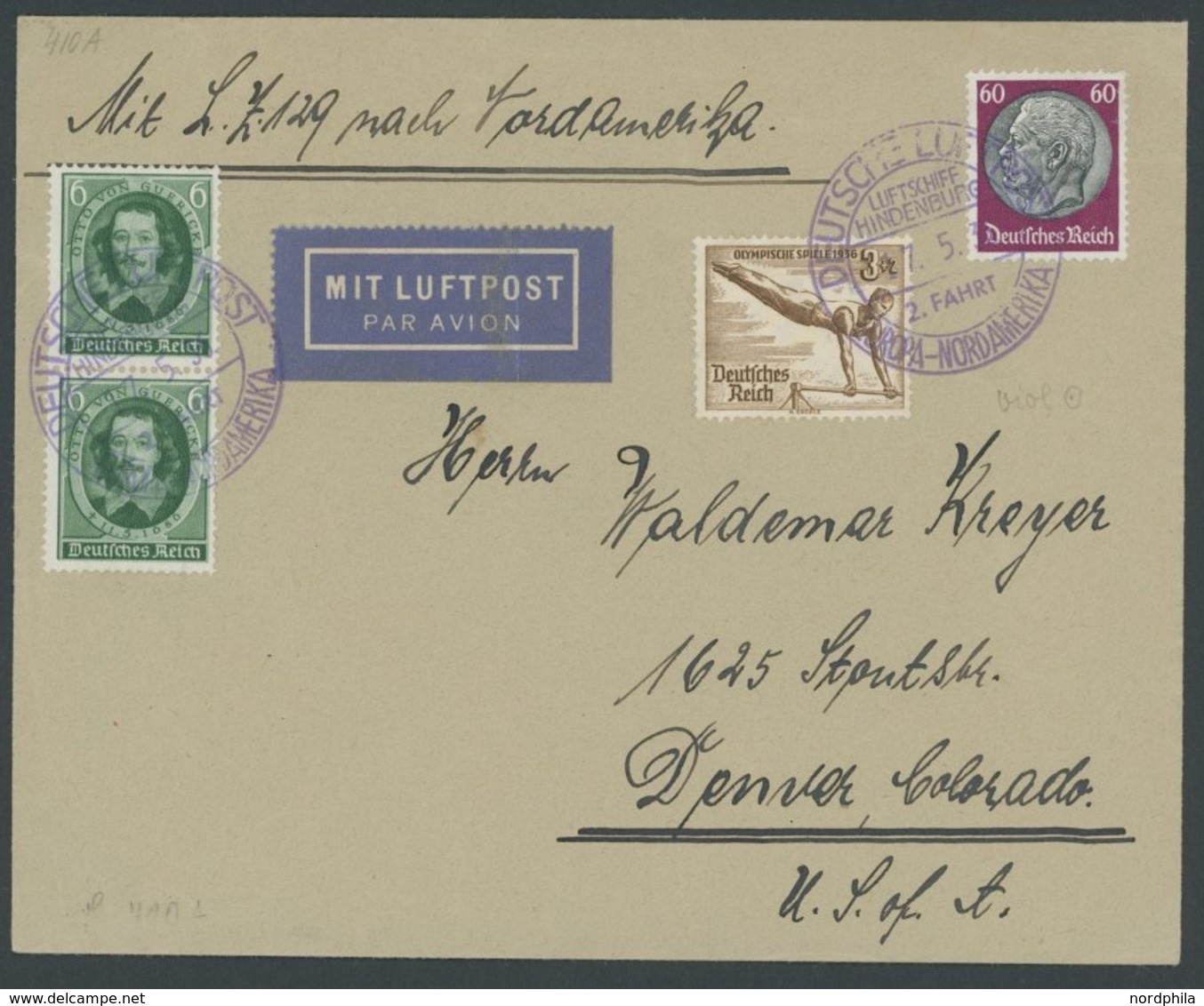 ZEPPELINPOST 410B BRIEF, 1936, 2. Nordamerikafahrt, Violetter Bordpoststempel, Prachtbrief - Airmail & Zeppelin