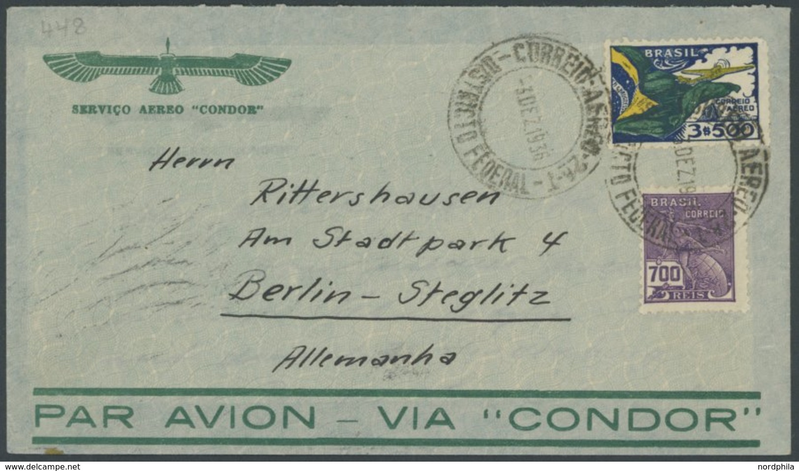 1936, 20. Südamerikafahrt, Brasil-Post, Von Passagier Nach Ankunft Für Rückfahrt Geschriebener Brief Auf Original Condor - Airmail & Zeppelin