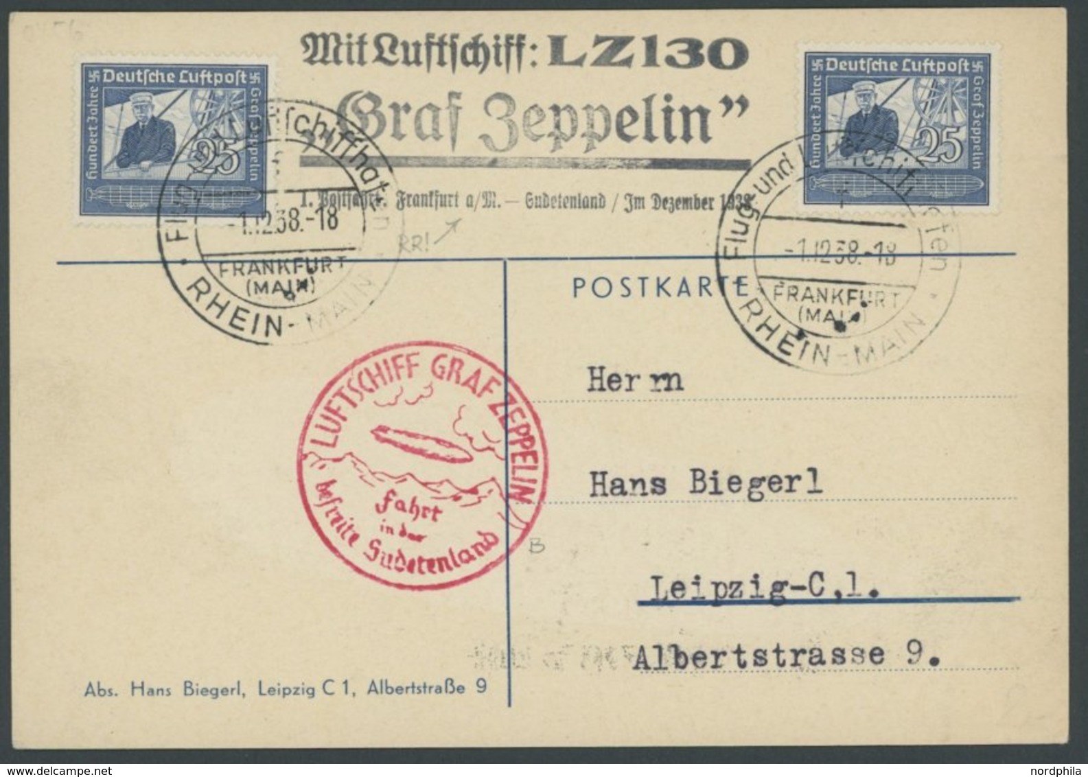 ZEPPELINPOST 456 BRIEF, 1938, Fahrt In Das Sudetenland, Zeppelin-Privatpostkarte (Biegerl/Leipzig), Prachtkarte - Airmail & Zeppelin