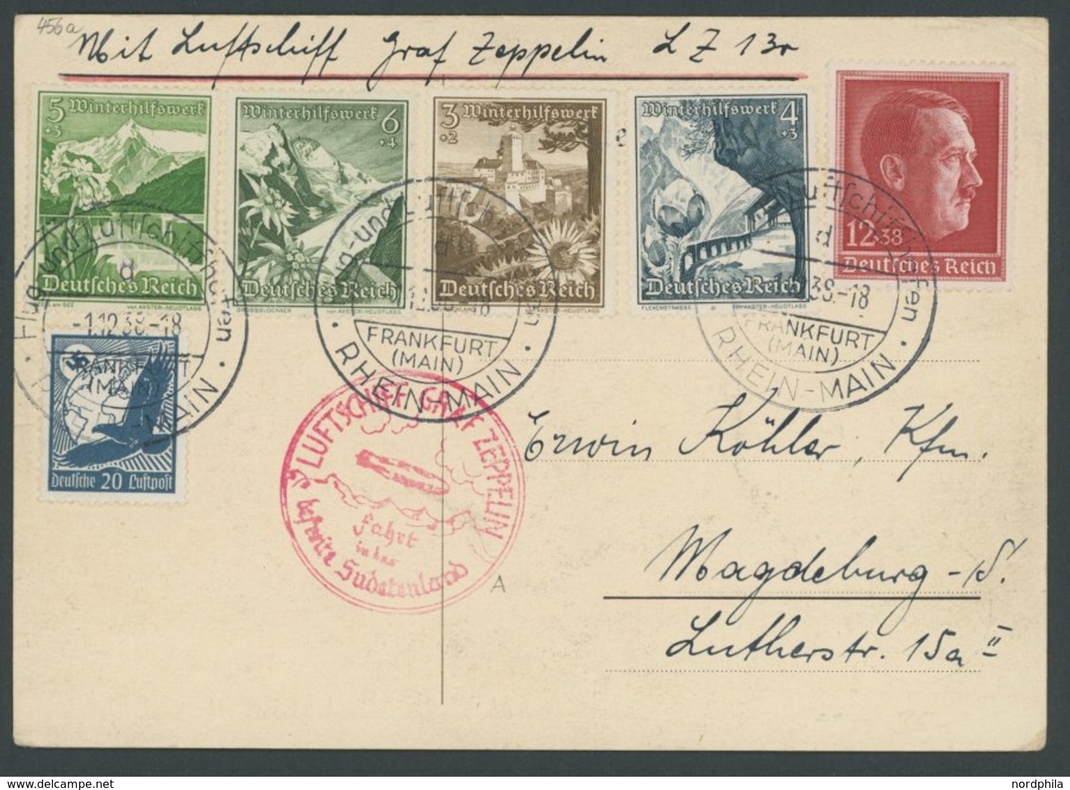 ZEPPELINPOST 456a BRIEF, 1938, Fahrt In Das Sudetenland, Sonderbestätigungsstempel In Ziegelrot, Ansichtskarte Führer Un - Airmail & Zeppelin