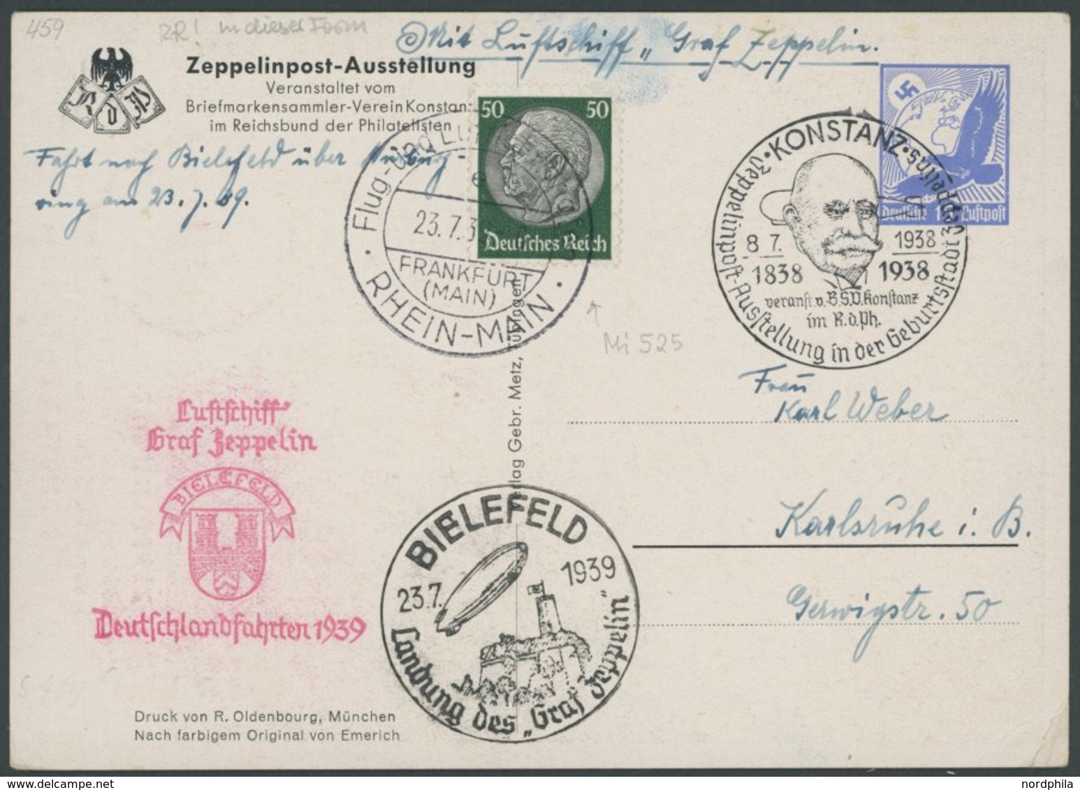 1939, Fahrt Nach Bielefeld, Prachtkarte Mit Großflugtagstempel 23.7.39 -> Automatically Generated Translation: 1939, "tr - Airmail & Zeppelin