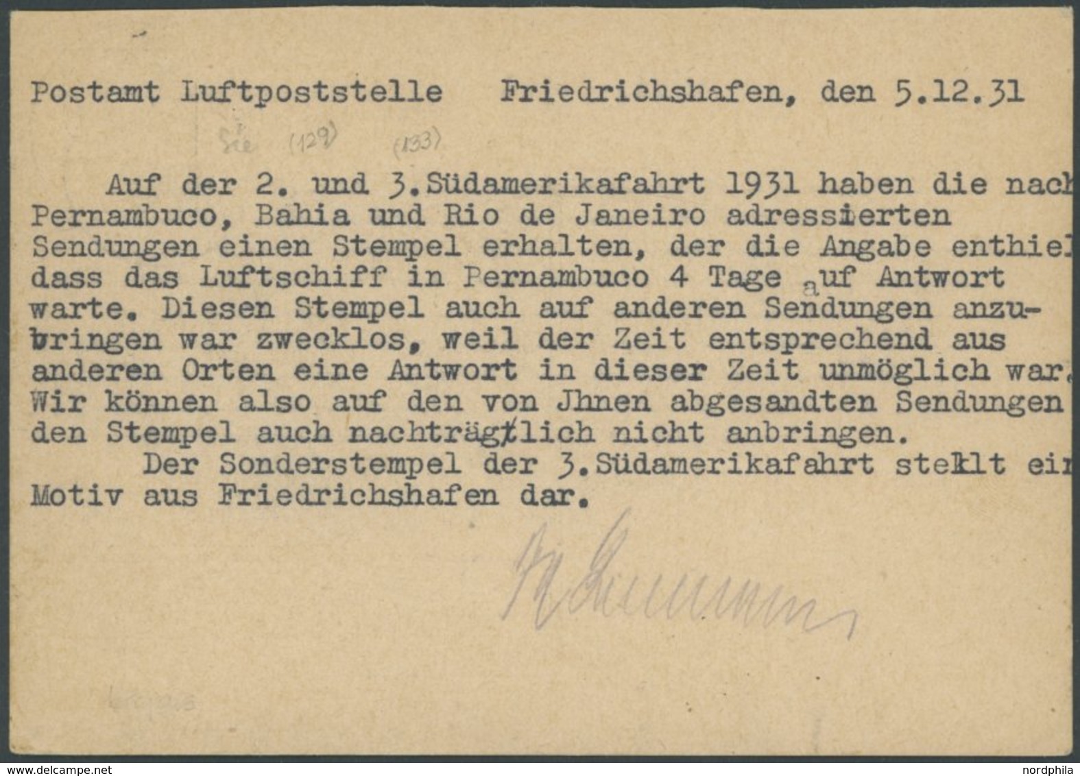 1931, Friedrichshafen Luftpoststelle: Antwortkarte Mit Ablehnung Einer Nachträglichen Anbringung Des Zeppelin-Rückfahrts - Airmail & Zeppelin