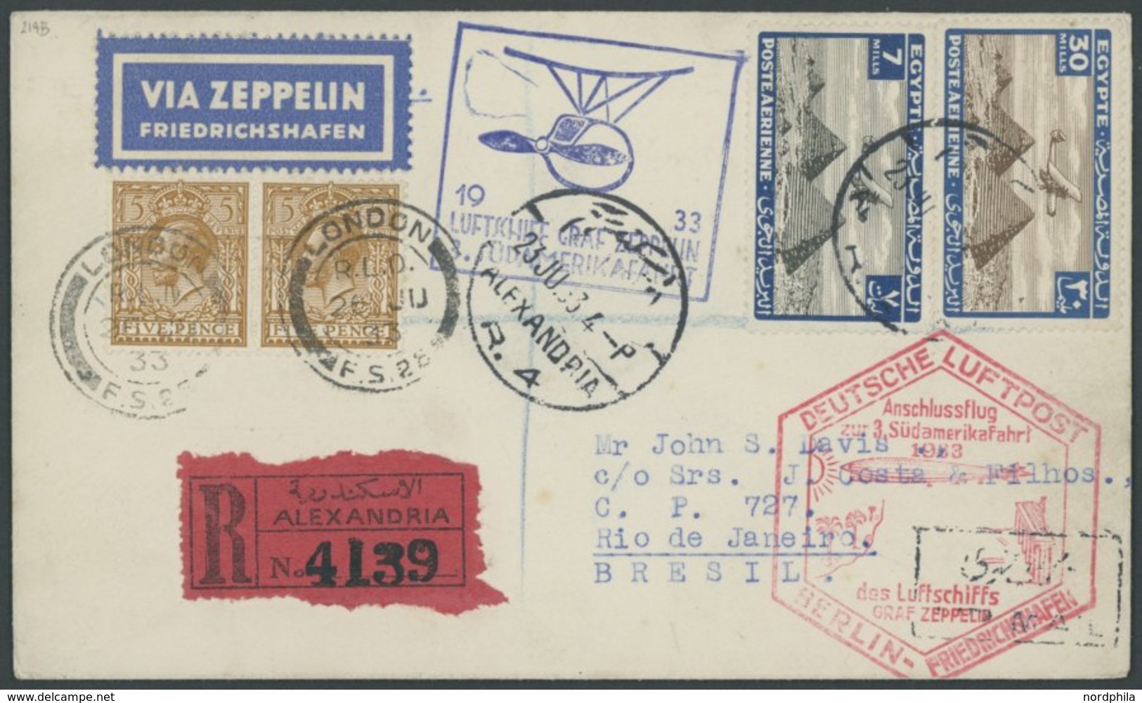 Ägypten: 1933, 3. Südamerikafahrt, Anschlussflug Ab Berlin, Einschreibbrief Von Alexandria Nach London, Mit Britischer Z - Airmail & Zeppelin