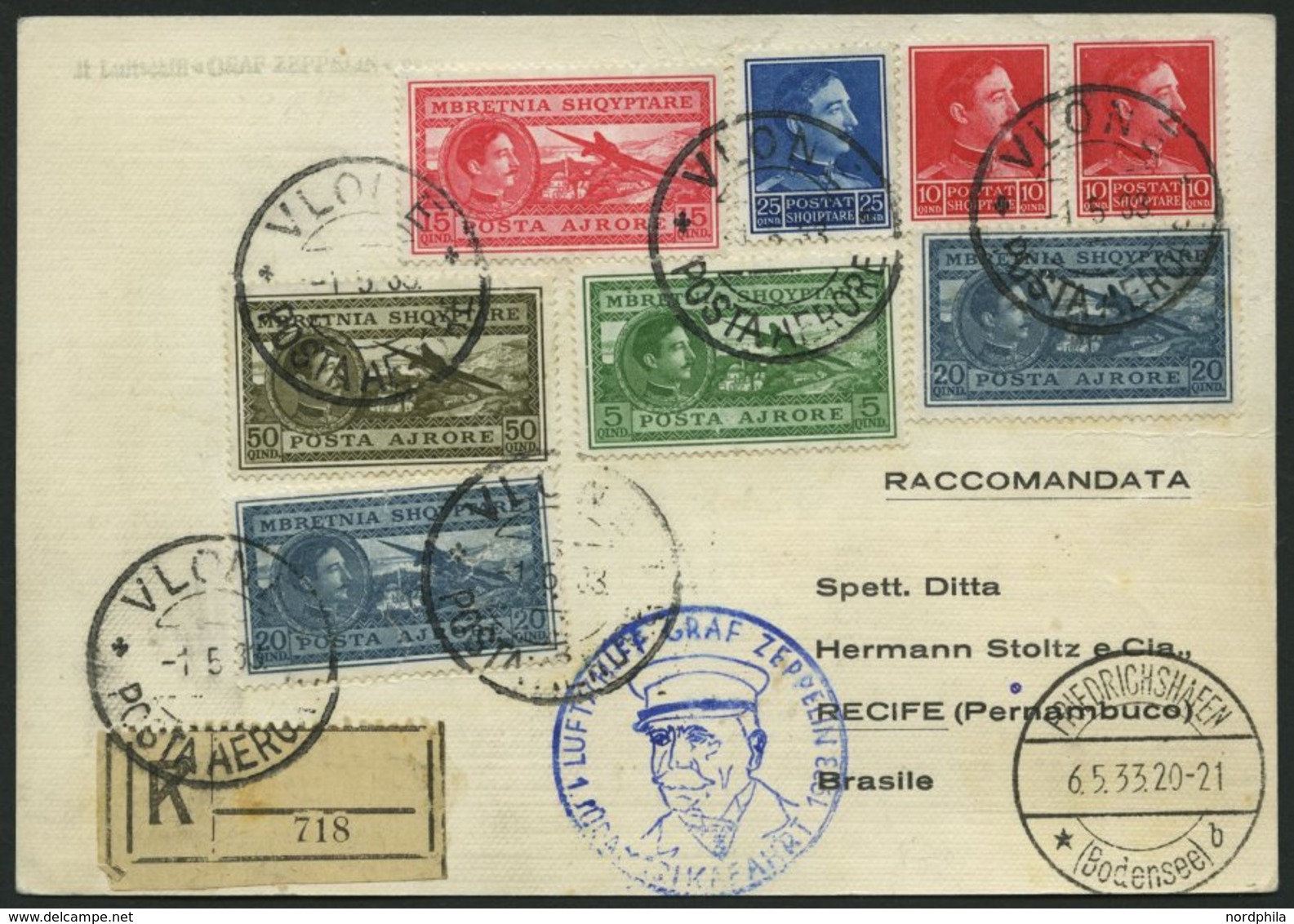 ZULEITUNGSPOST 202 BRIEF, Albanien: 1933, 1. Südamerikafahrt, Einschreibkarte, Pracht - Airmail & Zeppelin