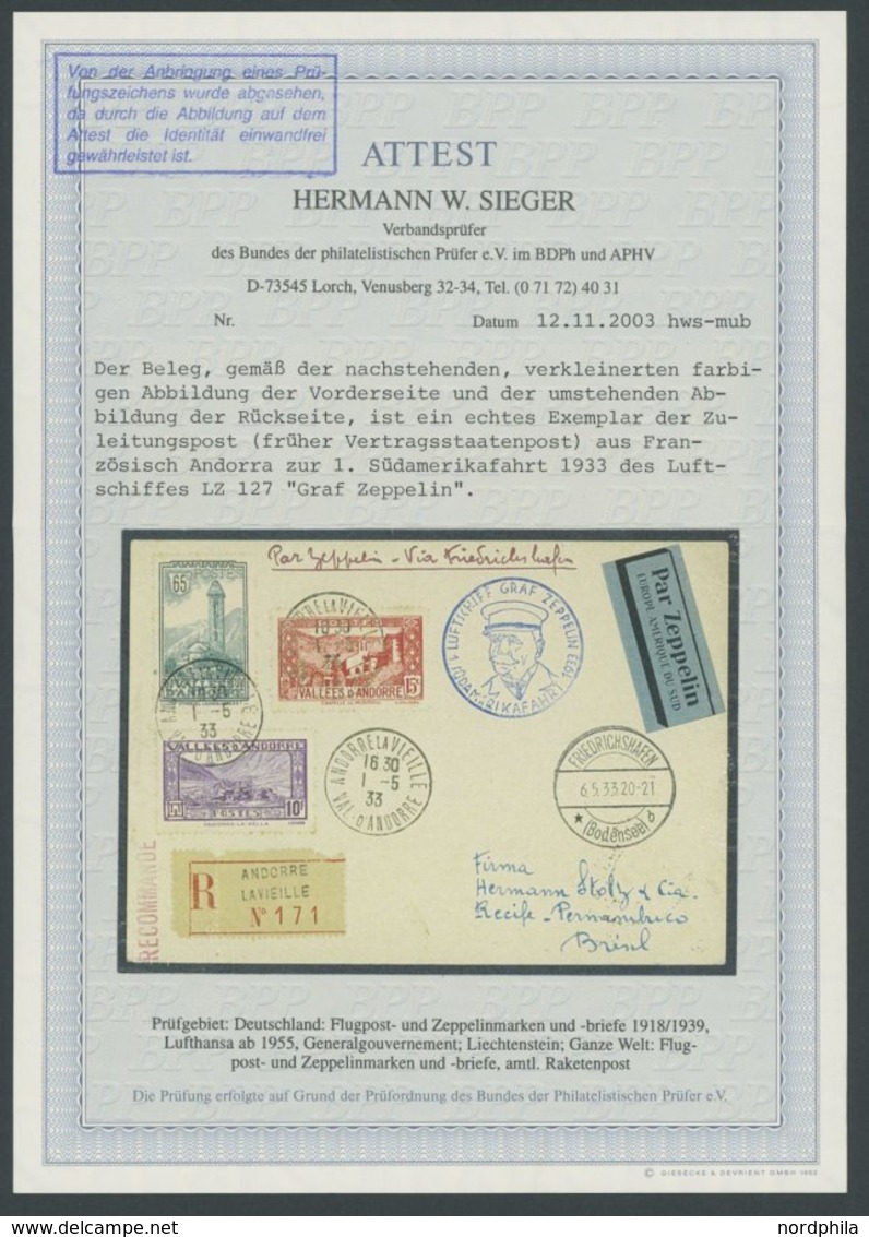 ZULEITUNGSPOST 202Aa BRIEF, Andorra Französisches Postamt: 1933, 1. Südamerikafahrt, Einschreibkarte, Pracht, Fotoattest - Airmail & Zeppelin