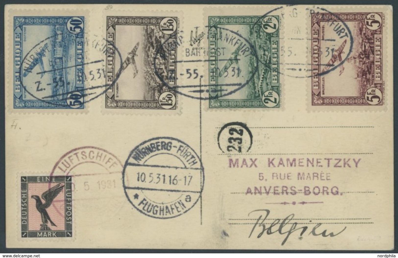 Belgien: 1931 Fahrt Nach Nürnberg, Mit Flugpostmarken Mi.Nr. 280-83, Entwertet Mit Bahnpoststempeln Nürnberg-Frankfurt,  - Airmail & Zeppelin