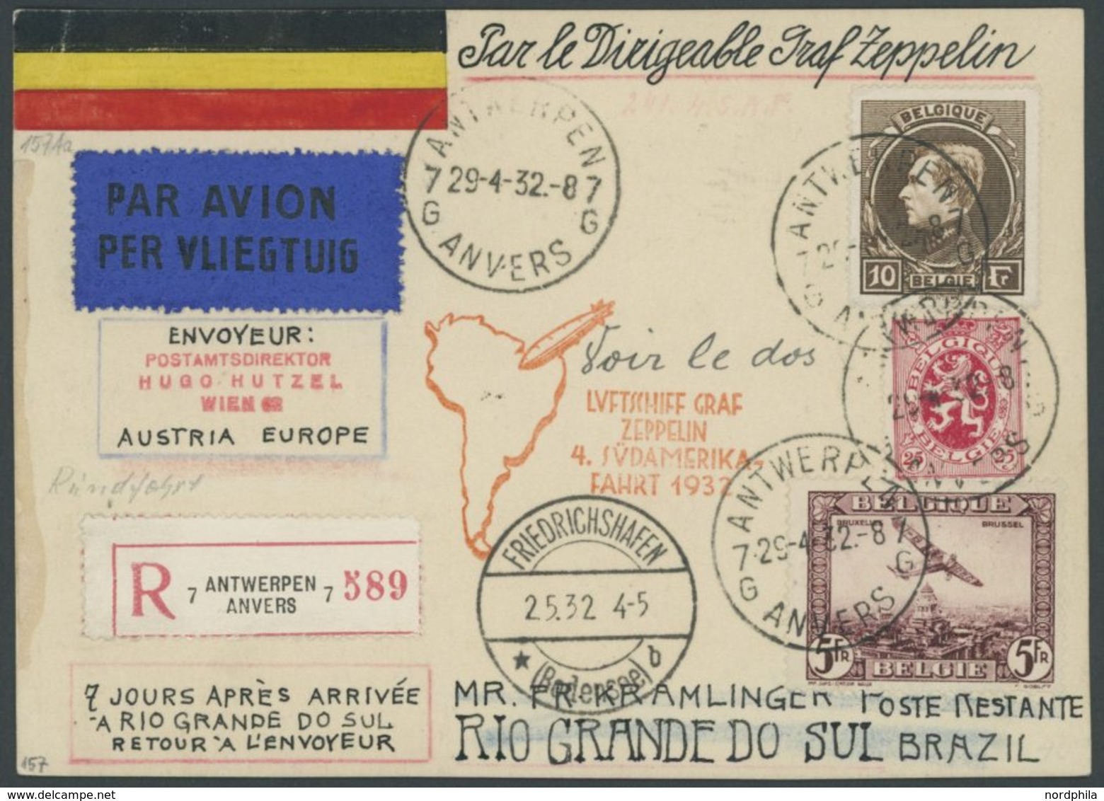 ZULEITUNGSPOST 157 BRIEF, Belgien: 1932, 4. Südamerikafahrt, Einschreibkarte Nach Rio Grande Do Sul, Pracht - Airmail & Zeppelin