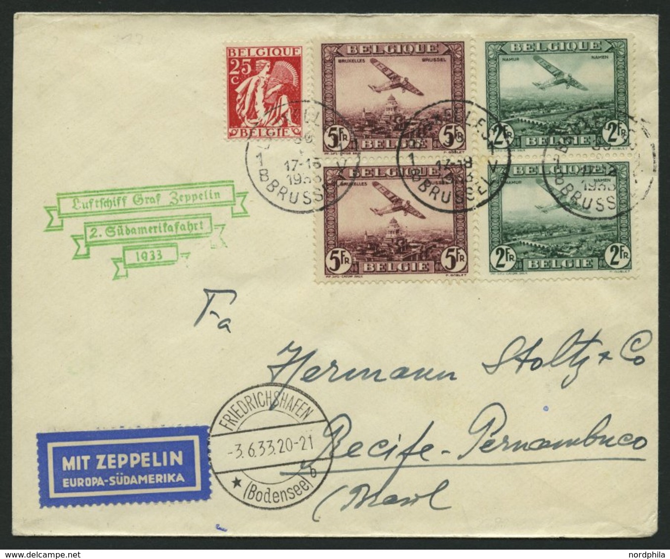 ZULEITUNGSPOST 214 BRIEF, Belgien: 1933, 2. Südamerikafahrt, Prachtbrief - Correo Aéreo & Zeppelin