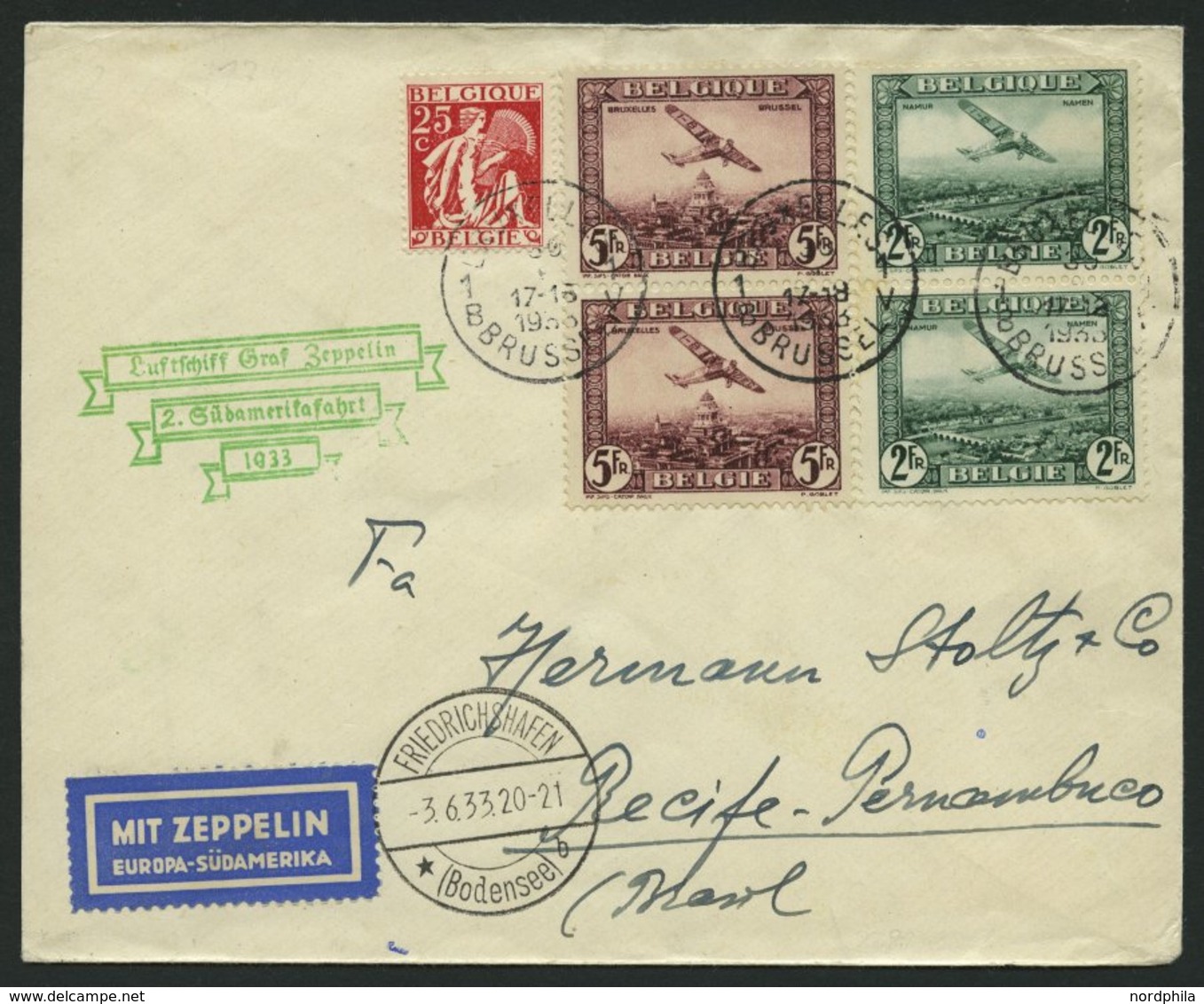 ZULEITUNGSPOST 214 BRIEF, Belgien: 1933, 2. Südamerikafahrt, Prachtbrief - Airmail & Zeppelin