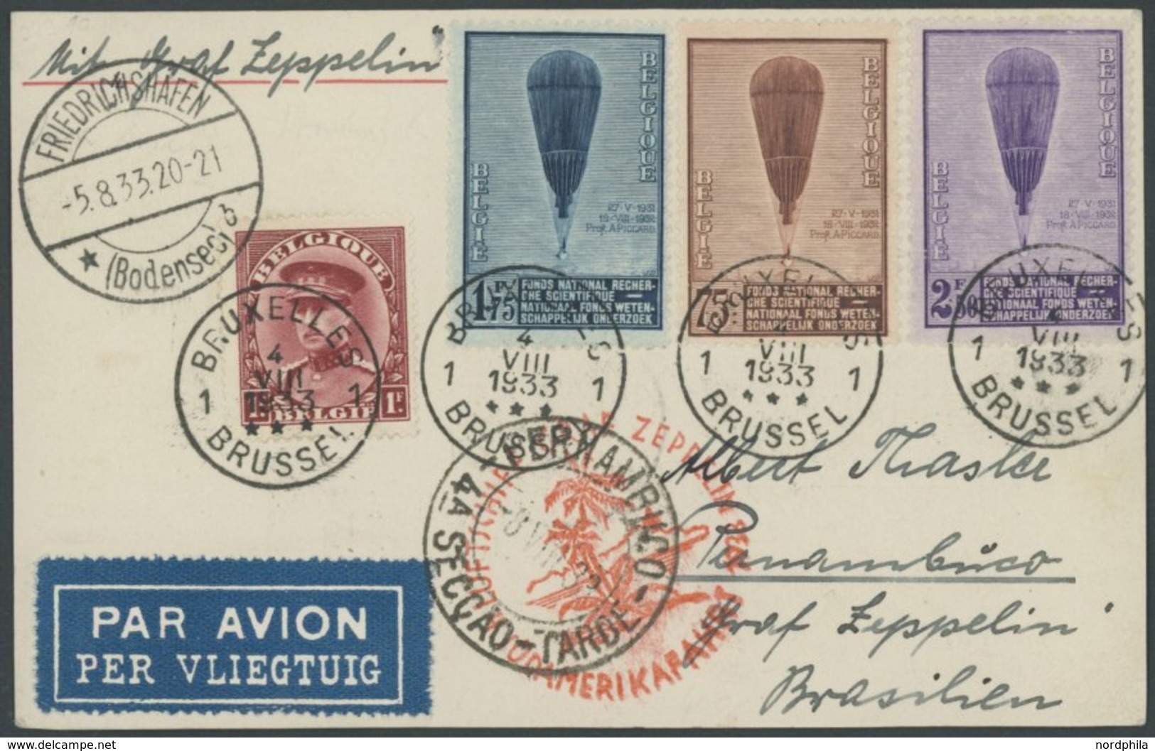 Belgien: 1933, 4. Südamerikafahrt, Vorder- Und Rückseitige Frankatur, Prachtkarte -> Automatically Generated Translation - Poste Aérienne & Zeppelin