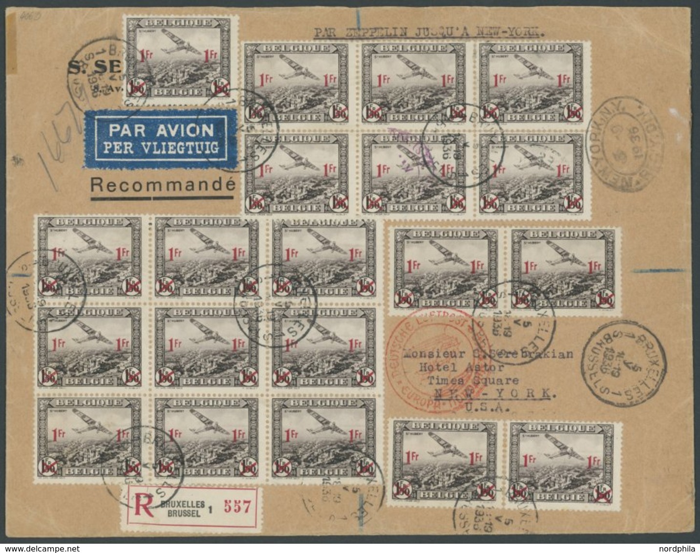 Belgien: 1936, 1. Nordamerikafahrt, Auflieferung Frankfurt (d), Einschreibbrief Mit 24 Aufdruckmarken, U.a. Im 20er-Boge - Correo Aéreo & Zeppelin