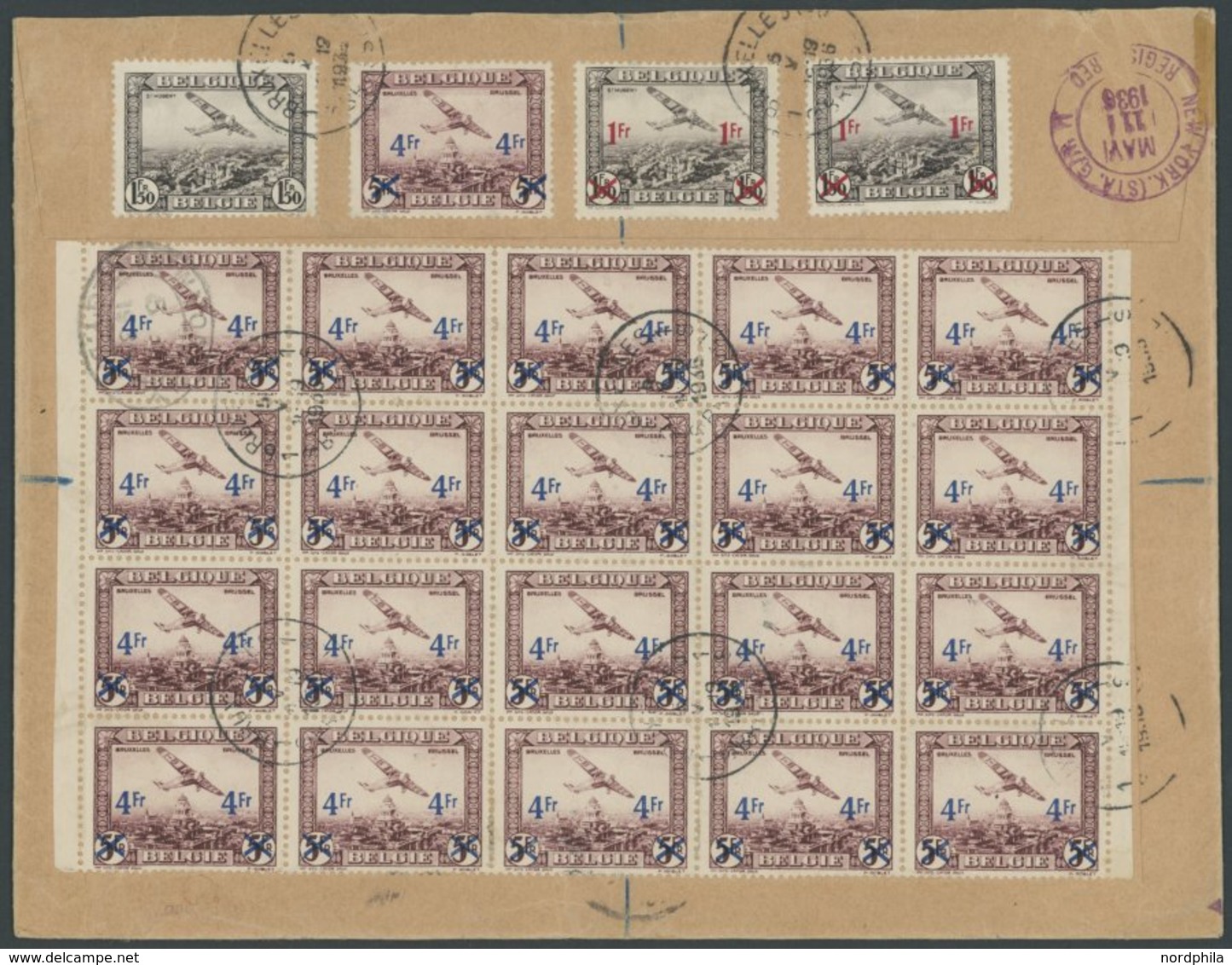Belgien: 1936, 1. Nordamerikafahrt, Auflieferung Frankfurt (d), Einschreibbrief Mit 24 Aufdruckmarken, U.a. Im 20er-Boge - Poste Aérienne & Zeppelin