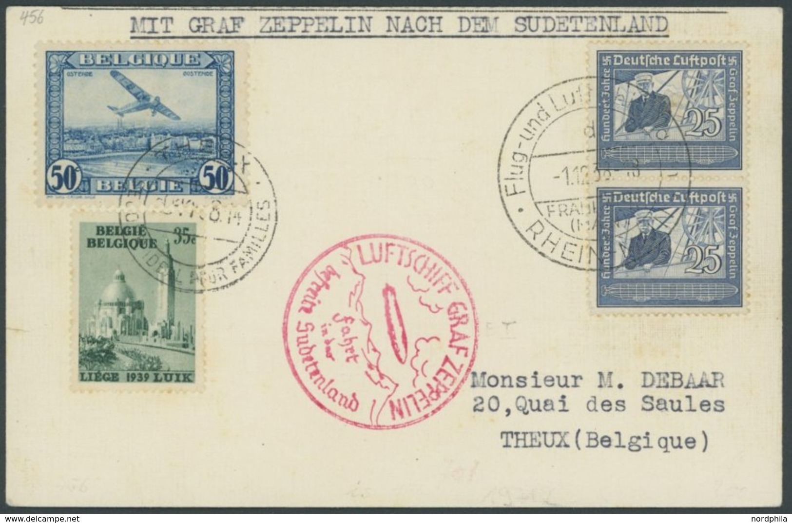 ZULEITUNGSPOST 456 BRIEF, Belgien: 1938, Fahrt In Das Sudetenland, Mit Deutsch-belgischer Frankatur, Prachtkarte - Airmail & Zeppelin