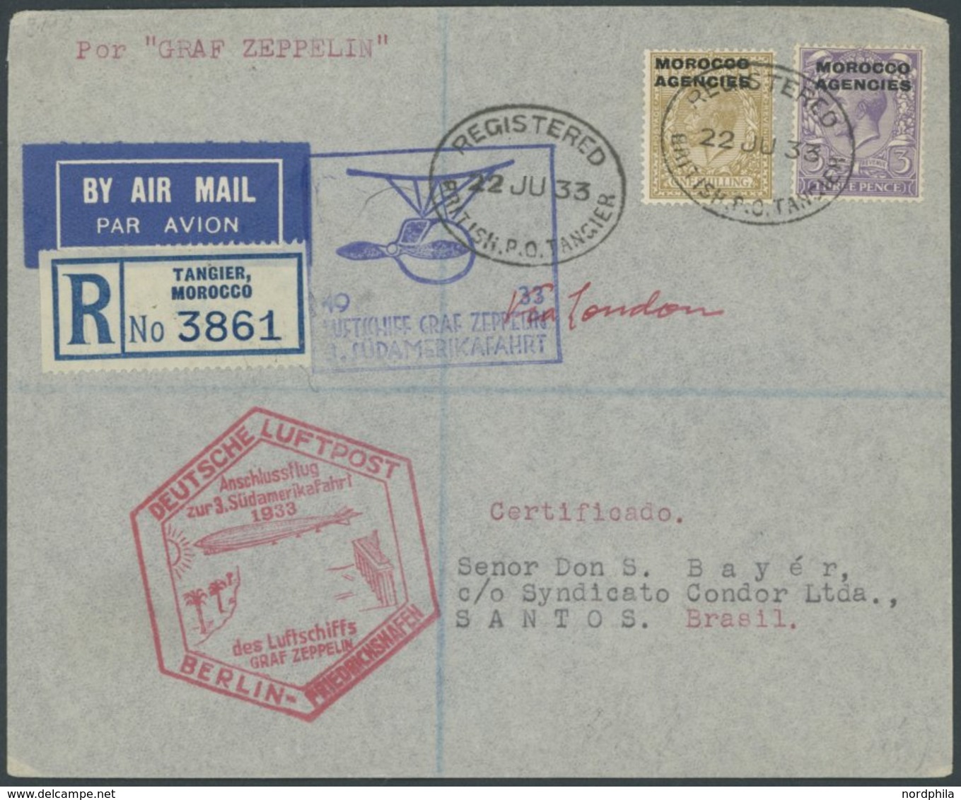 Britische Post Marokko (Tanger): 1933, 3. Südamerikafahrt, Anschlußflug Ab Berlin, Einschreibbrief, Pracht -> Automatica - Poste Aérienne & Zeppelin