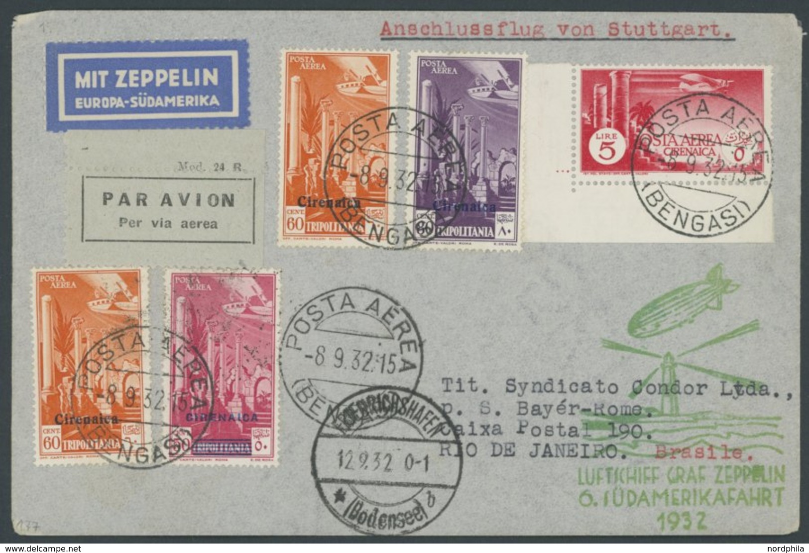 Cyrenaica: 1932, 6. Südamerikafahrt, Prachtbrief -> Automatically Generated Translation: Cyrenaica: 1932, "6. South Amer - Airmail & Zeppelin