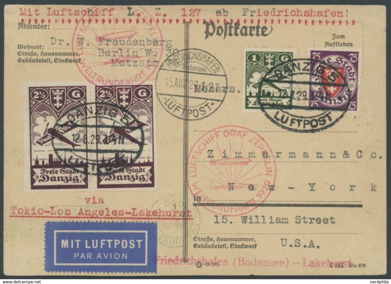 Danzig: 1929, Weltrundfahrt, Friedrichshafen-Lakehurst, Frankiert U.a. Mit 2x Mi.Nr. 206, Prachtkarte, RR!, Nur 5 Karten - Poste Aérienne & Zeppelin