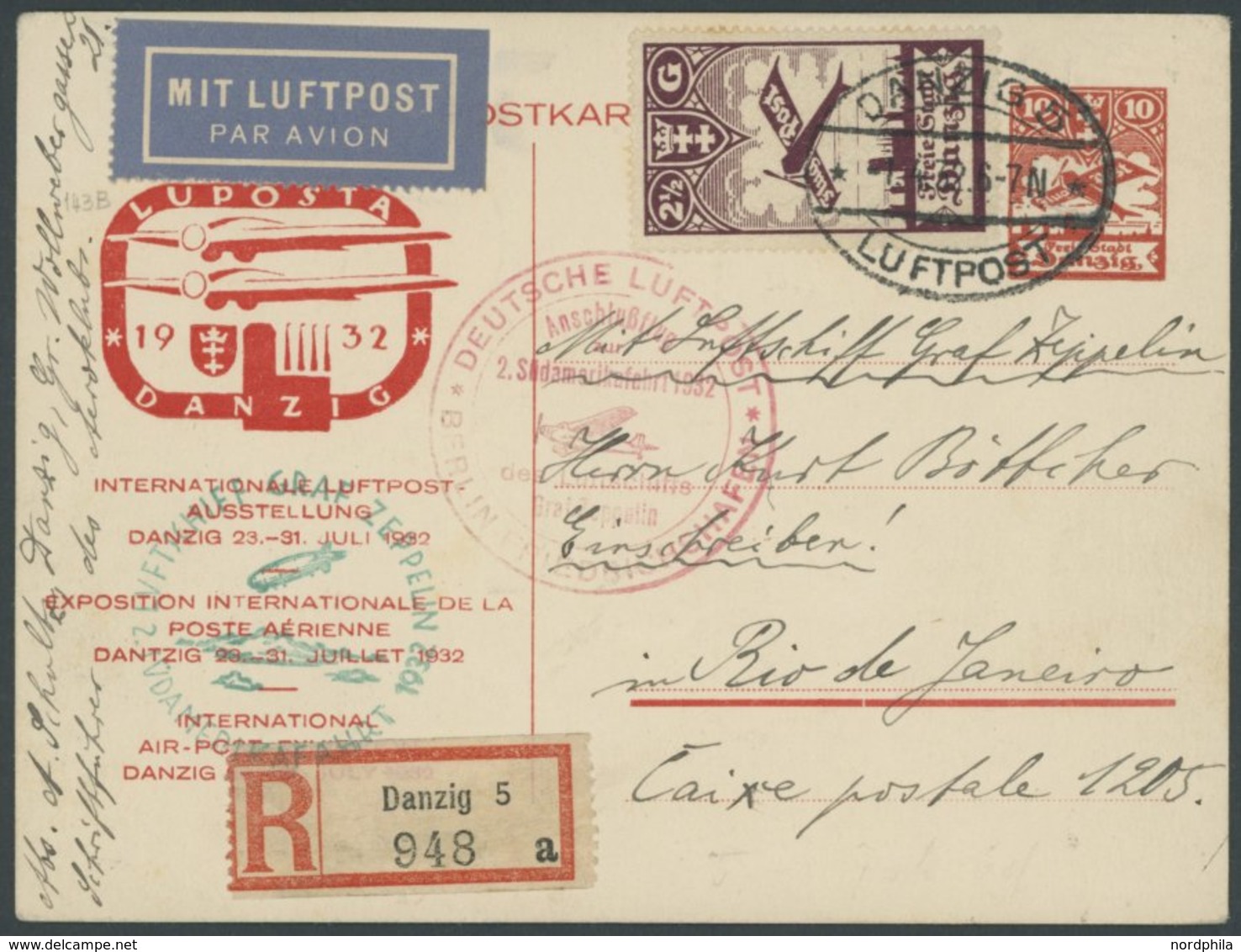 Danzig: 1932, 2. Südamerikafahrt, Anschlußflug Ab Berlin, 10 Pf. Ganzsachenkarte Mit Zusatzfrankatur, Einschreiben, Prac - Poste Aérienne & Zeppelin